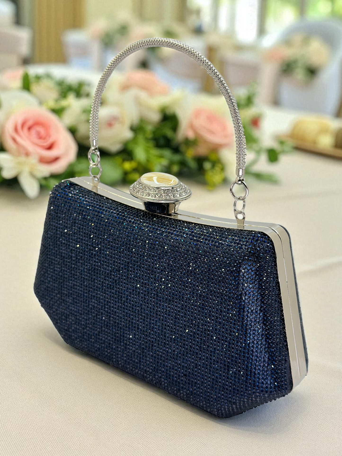 Full Kristal ve İnci Abiye Çanta | Lüks Gümüş Gece Clutch