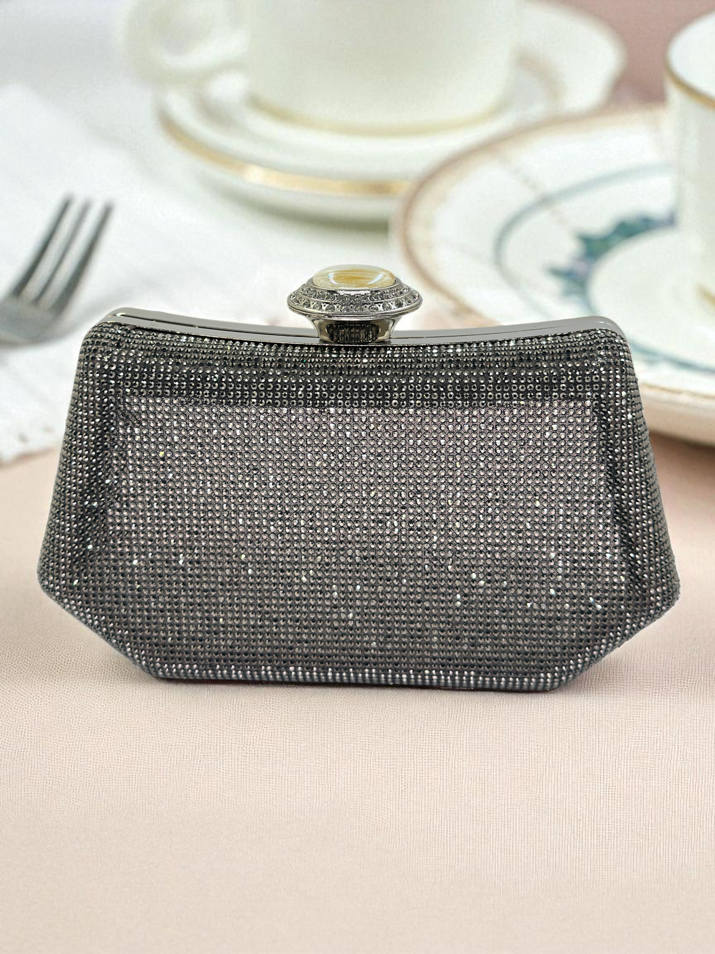 Full Kristal ve İnci Abiye Çanta | Lüks Gümüş Gece Clutch