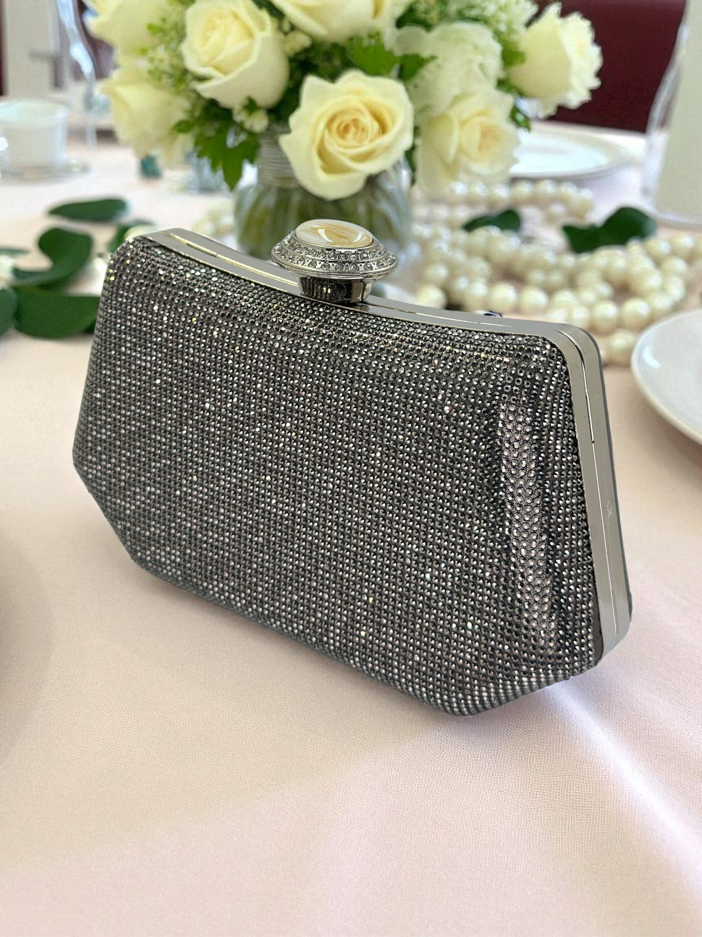 Full Kristal ve İnci Abiye Çanta | Lüks Gümüş Gece Clutch