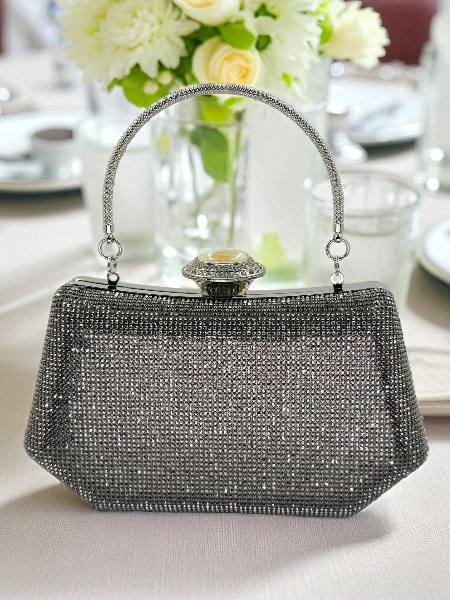 Full Kristal ve İnci Abiye Çanta | Lüks Gümüş Gece Clutch