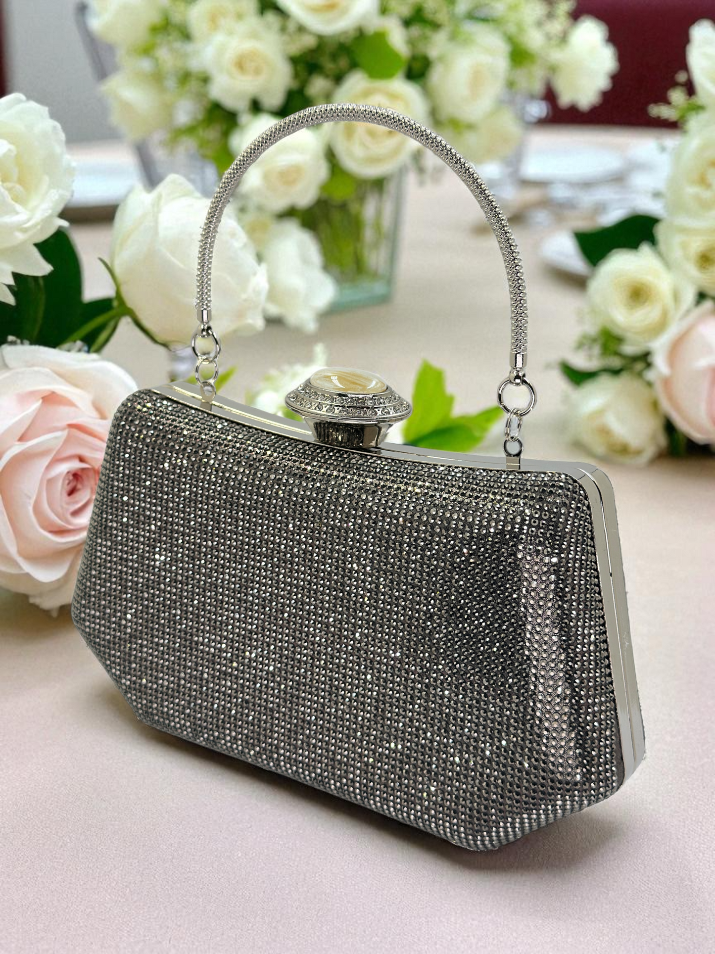 Full Kristal ve İnci Abiye Çanta | Lüks Gümüş Gece Clutch