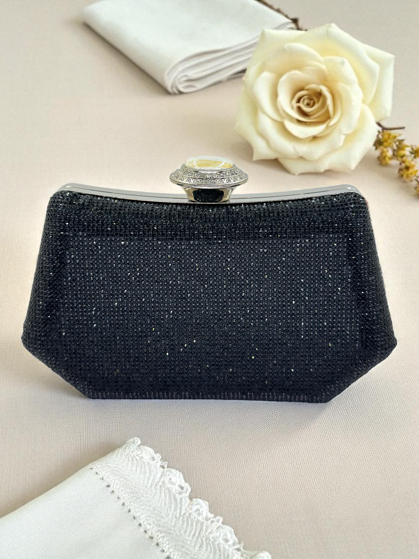 Full Kristal ve İnci Abiye Çanta | Lüks Gümüş Gece Clutch