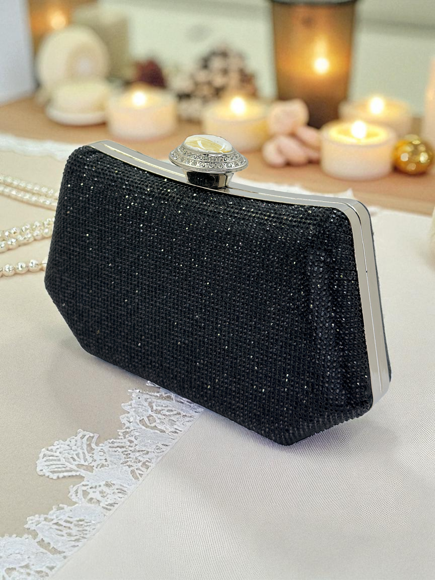 Full Kristal ve İnci Abiye Çanta | Lüks Gümüş Gece Clutch