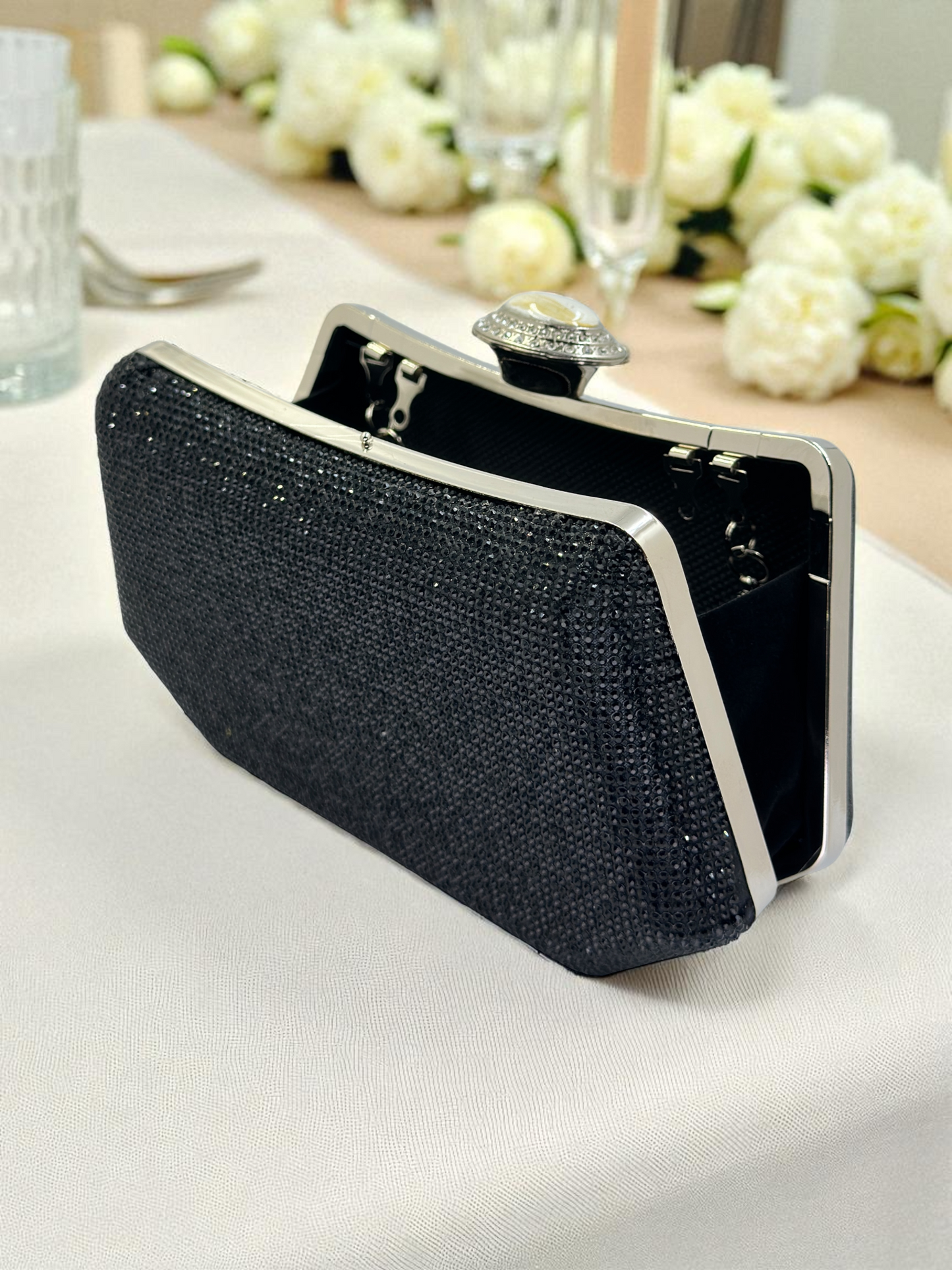 Full Kristal ve İnci Abiye Çanta | Lüks Gümüş Gece Clutch