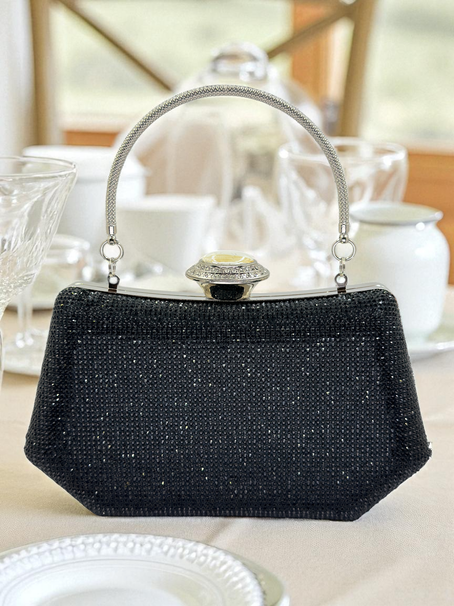 Full Kristal ve İnci Abiye Çanta | Lüks Gümüş Gece Clutch