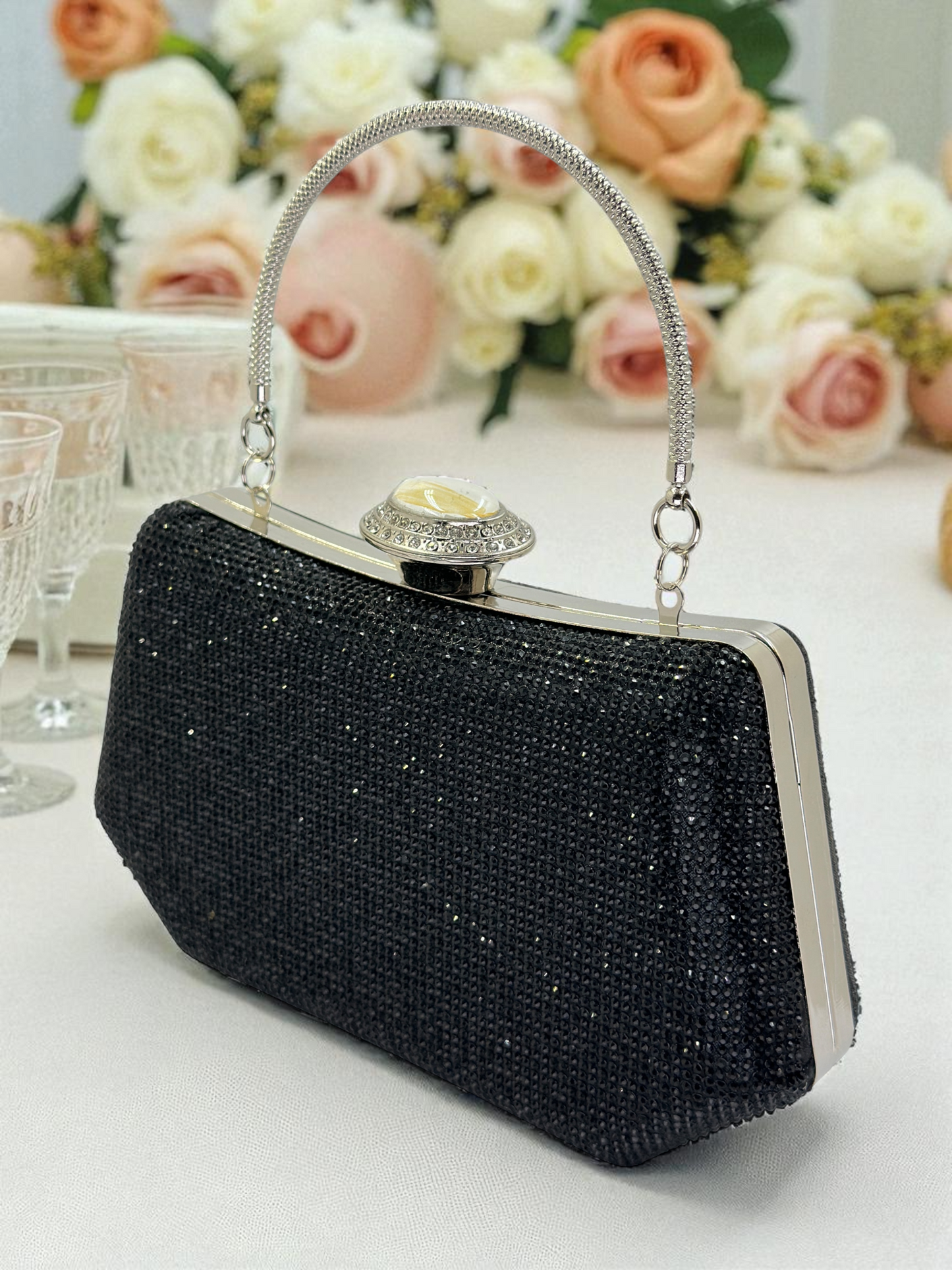 Full Kristal ve İnci Abiye Çanta | Lüks Gümüş Gece Clutch