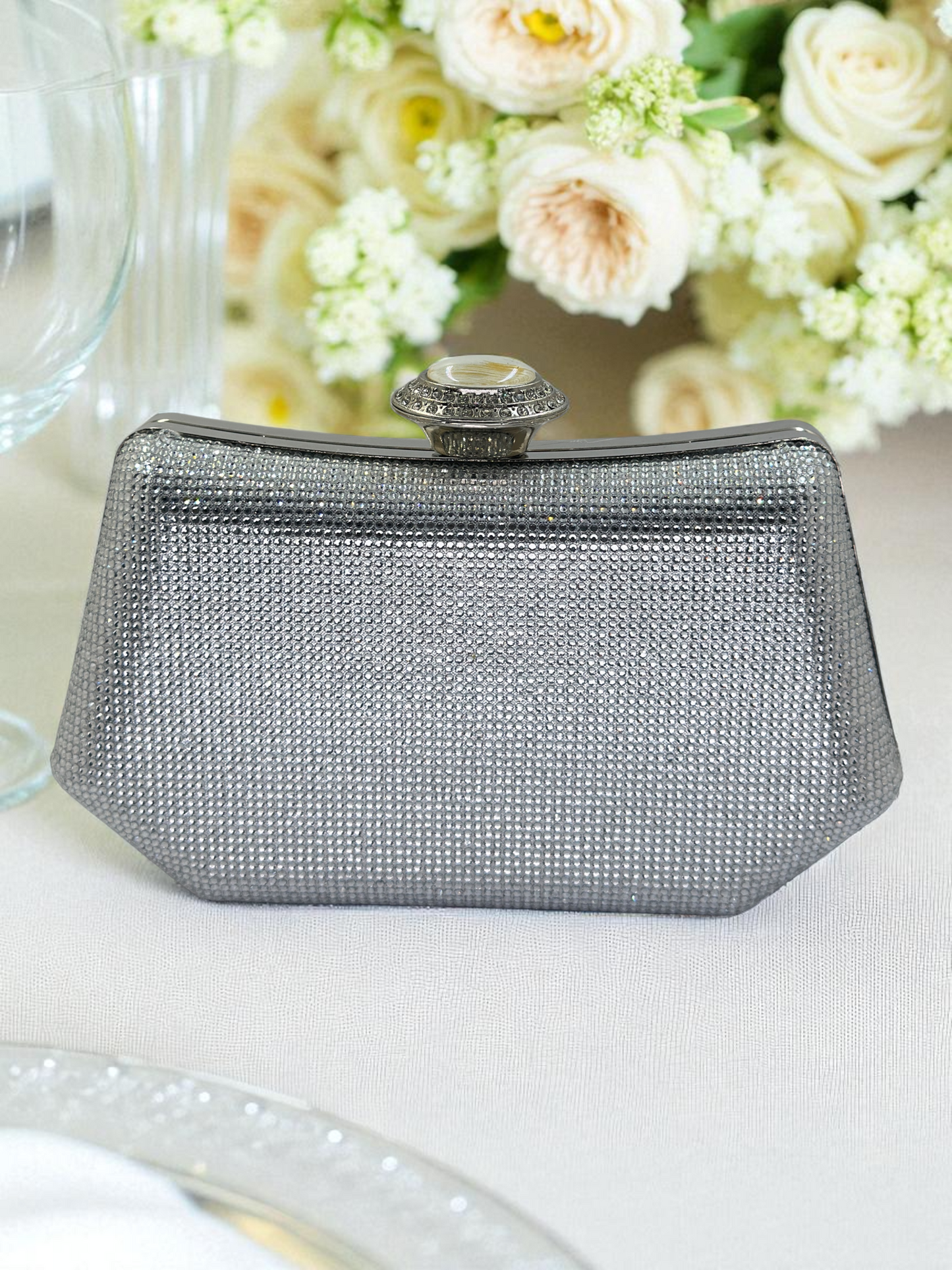 Full Kristal ve İnci Abiye Çanta | Lüks Gümüş Gece Clutch