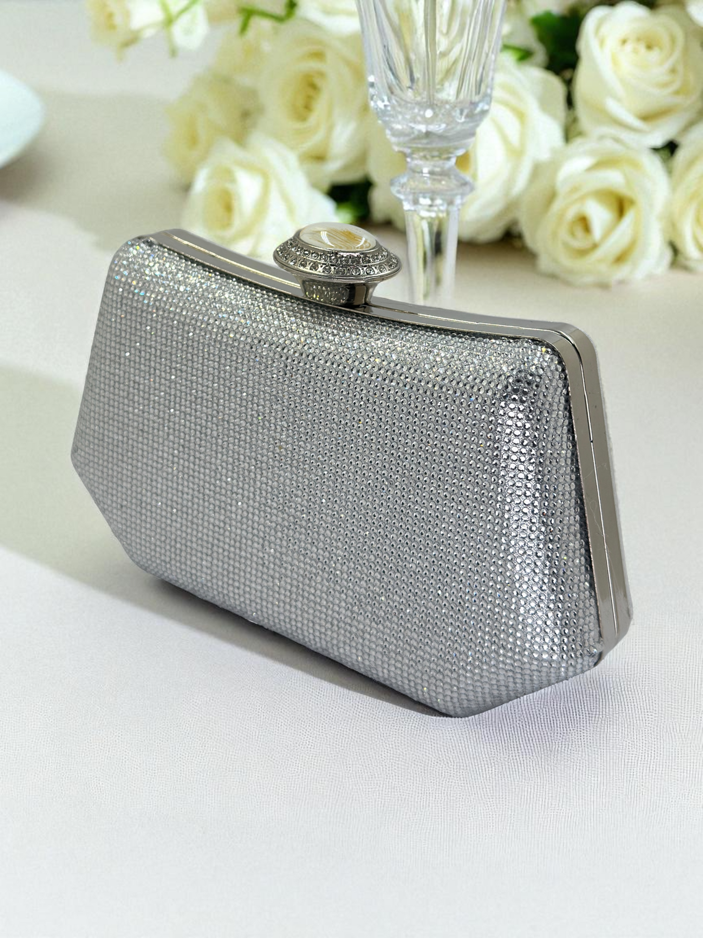 Full Kristal ve İnci Abiye Çanta | Lüks Gümüş Gece Clutch