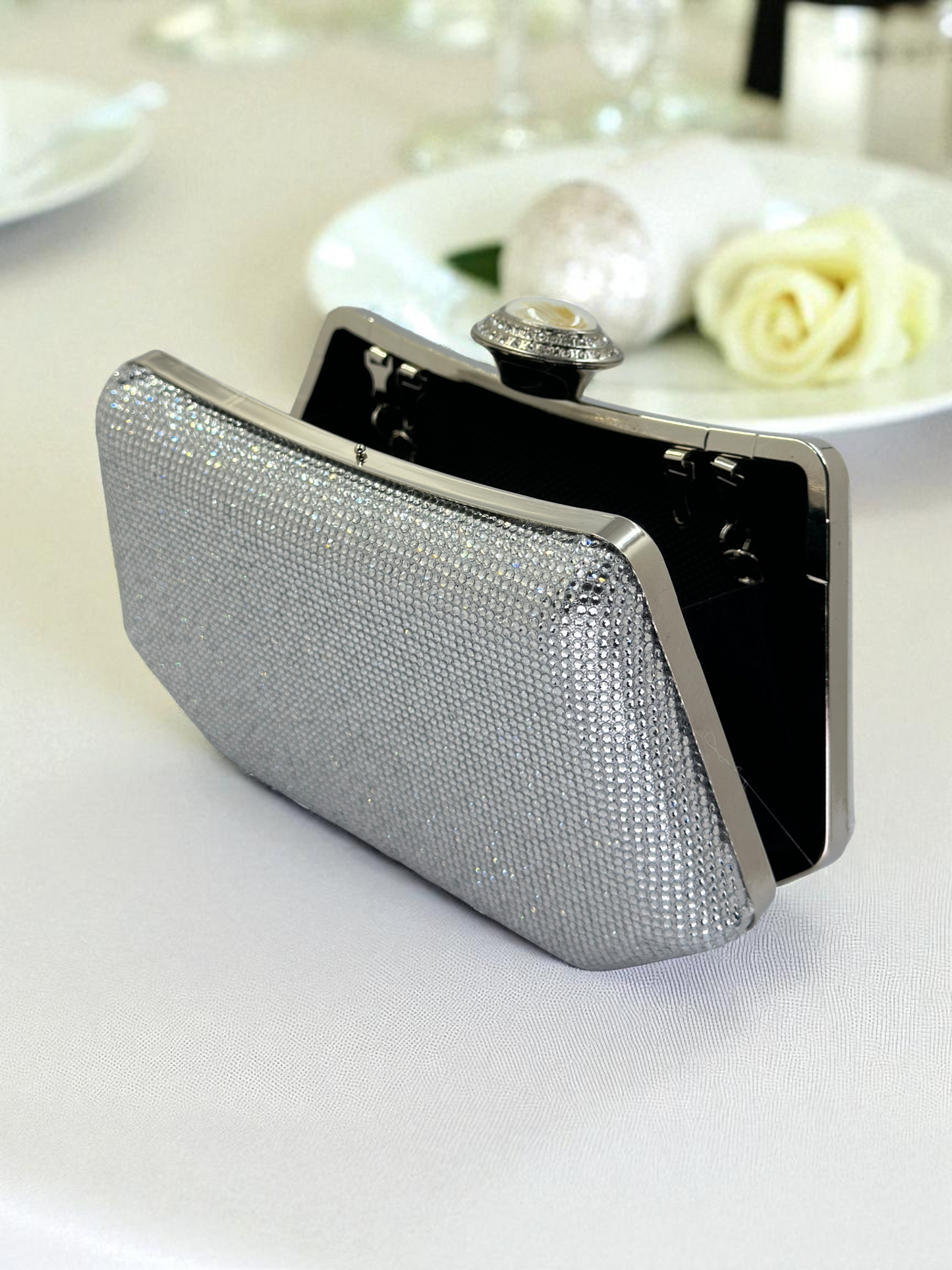 Full Kristal ve İnci Abiye Çanta | Lüks Gümüş Gece Clutch