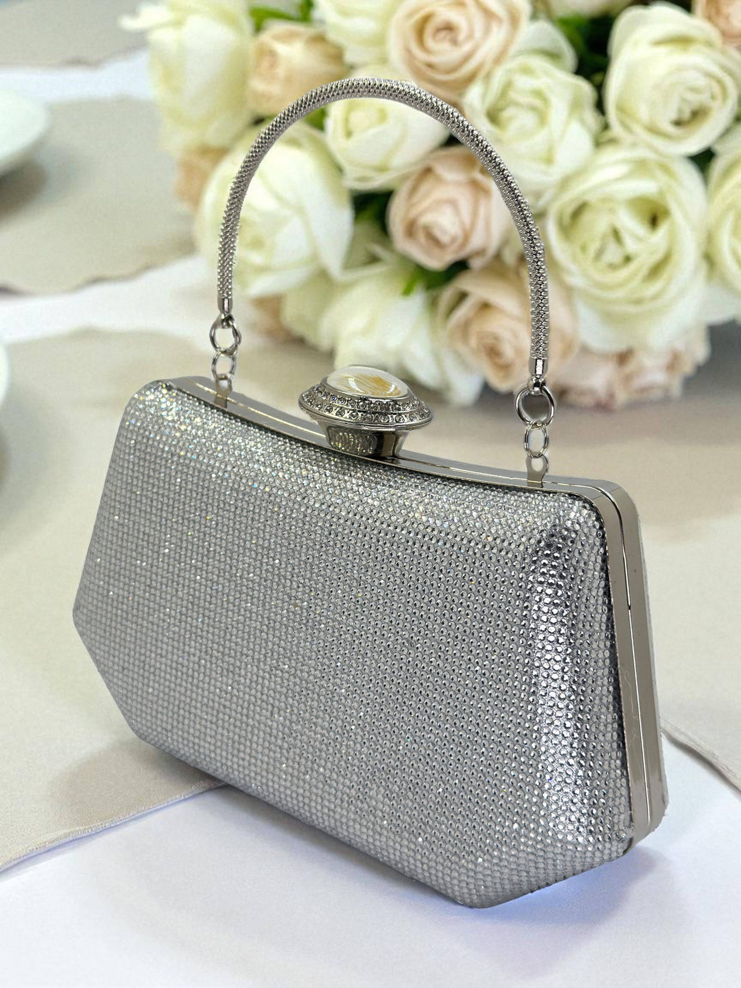 Full Kristal ve İnci Abiye Çanta | Lüks Gümüş Gece Clutch