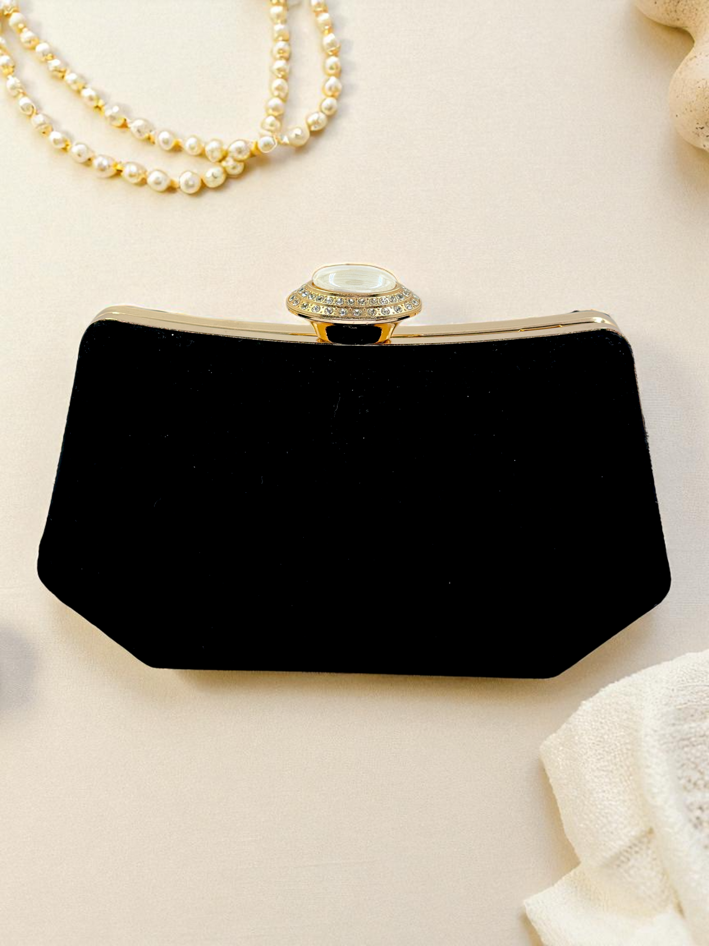 Siyah Kristal Taşlı İnci Detaylı Lüks Abiye Çanta Clutch