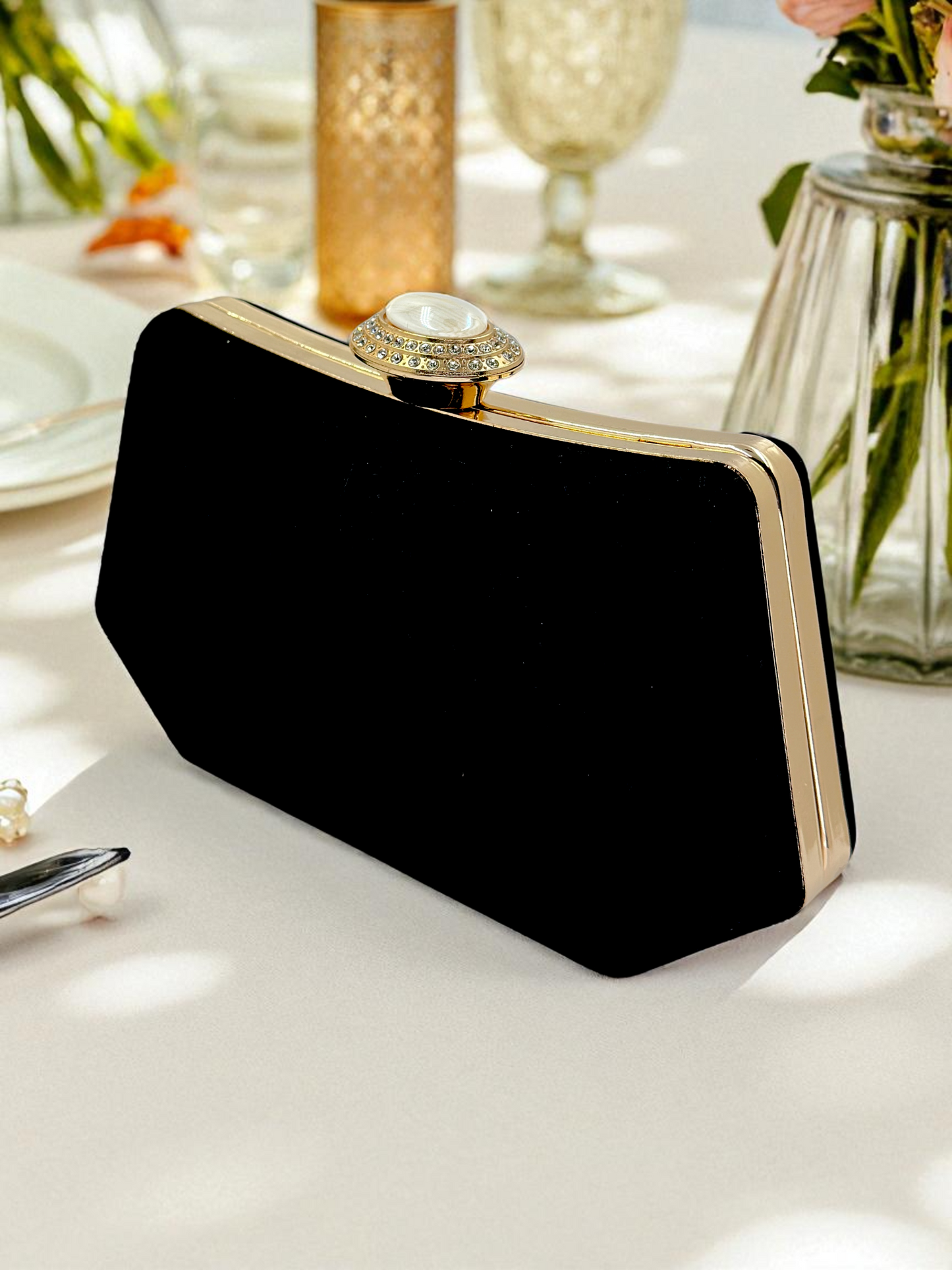 Siyah Kristal Taşlı İnci Detaylı Lüks Abiye Çanta Clutch