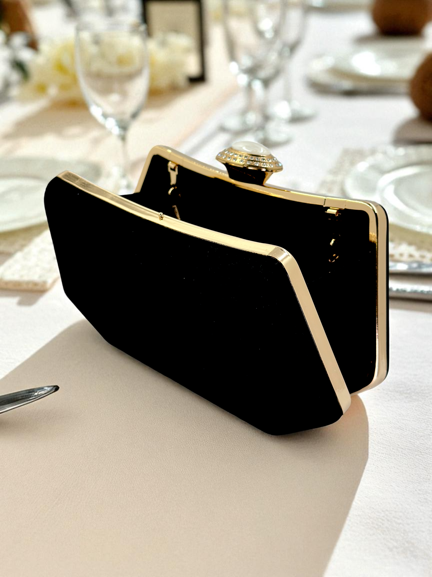 Siyah Kristal Taşlı İnci Detaylı Lüks Abiye Çanta Clutch