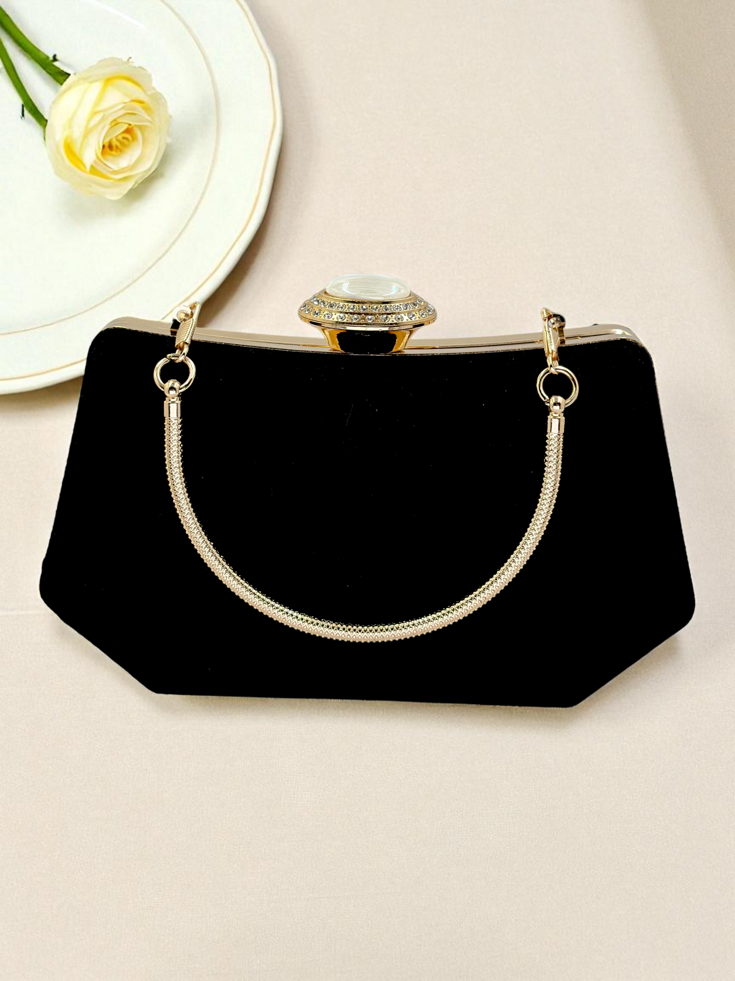 Siyah Kristal Taşlı İnci Detaylı Lüks Abiye Çanta Clutch