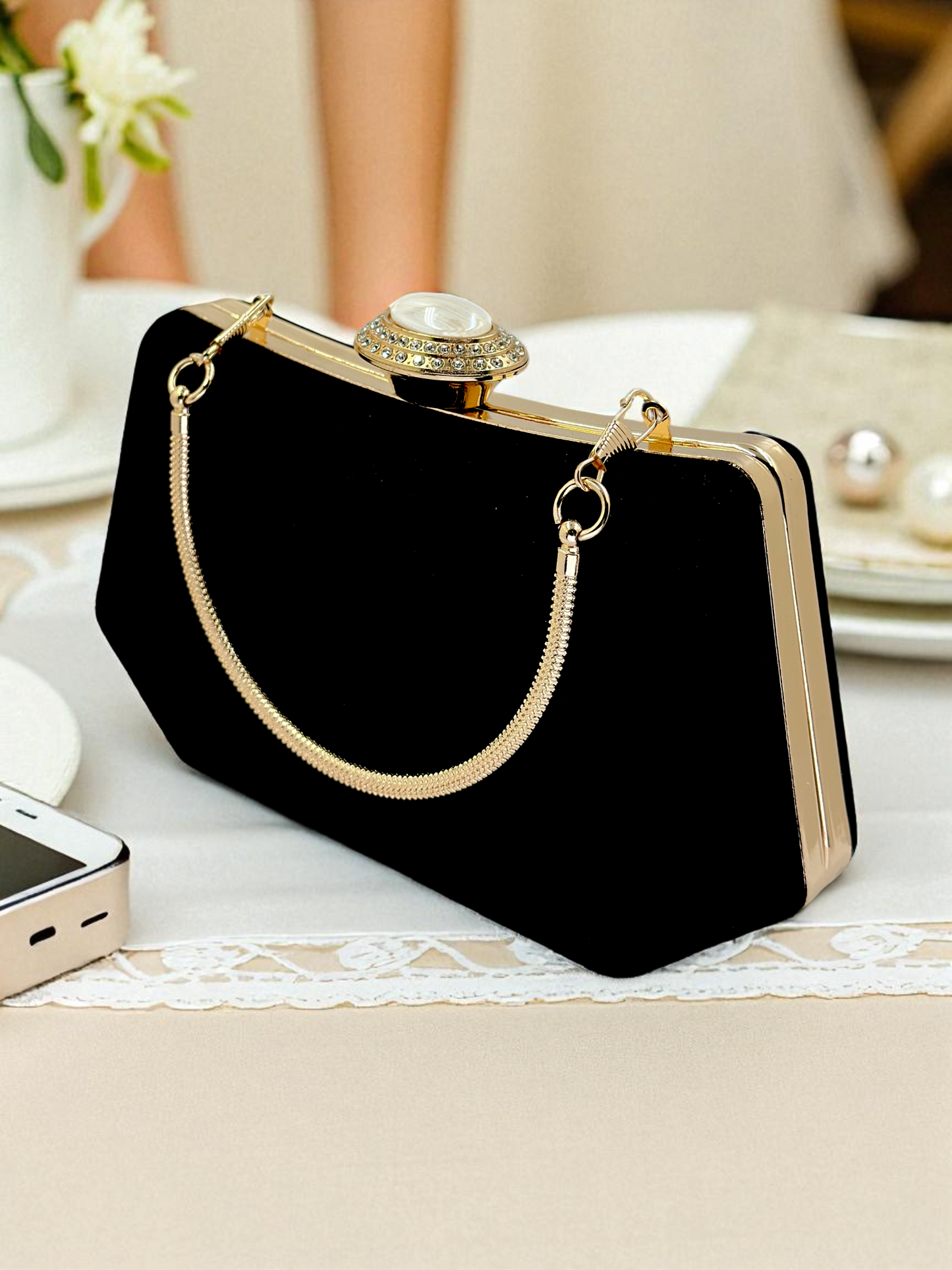 Siyah Kristal Taşlı İnci Detaylı Lüks Abiye Çanta Clutch