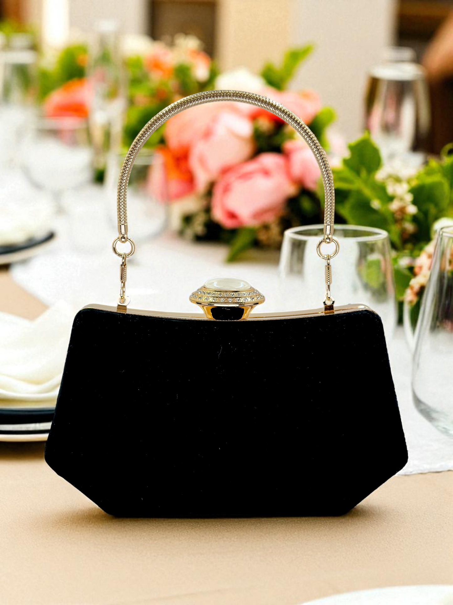 Siyah Kristal Taşlı İnci Detaylı Lüks Abiye Çanta Clutch