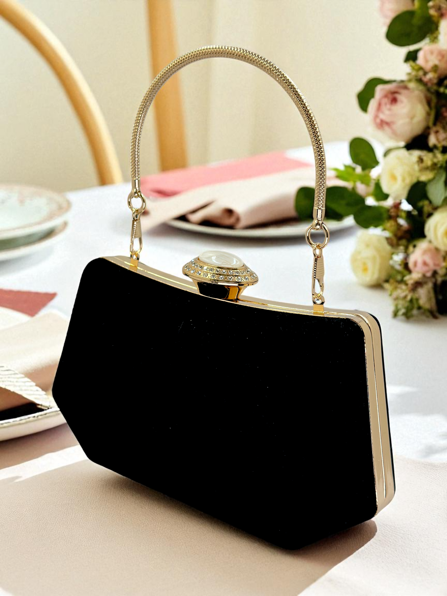 Siyah Kristal Taşlı İnci Detaylı Lüks Abiye Çanta Clutch