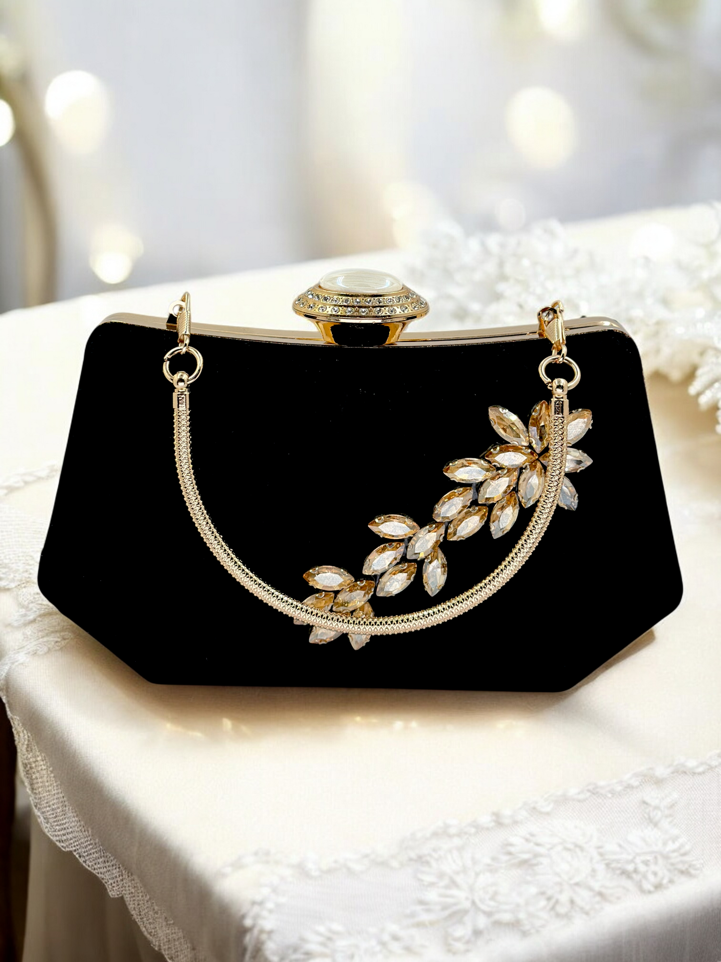 Siyah Kristal Taşlı İnci Detaylı Lüks Abiye Çanta Clutch