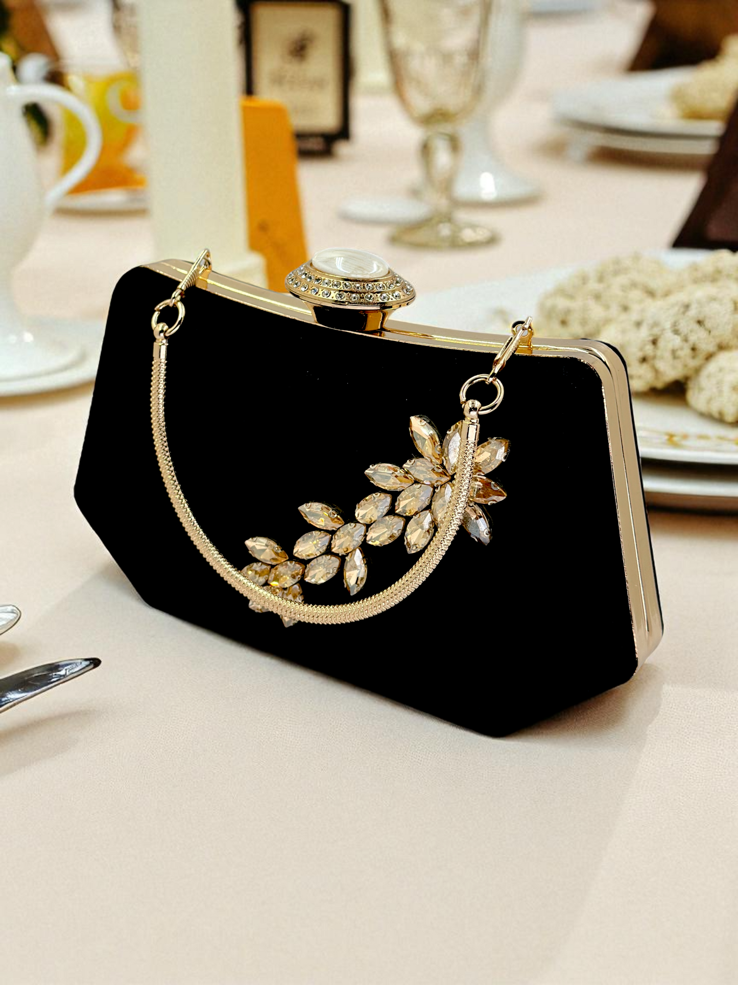 Siyah Kristal Taşlı İnci Detaylı Lüks Abiye Çanta Clutch