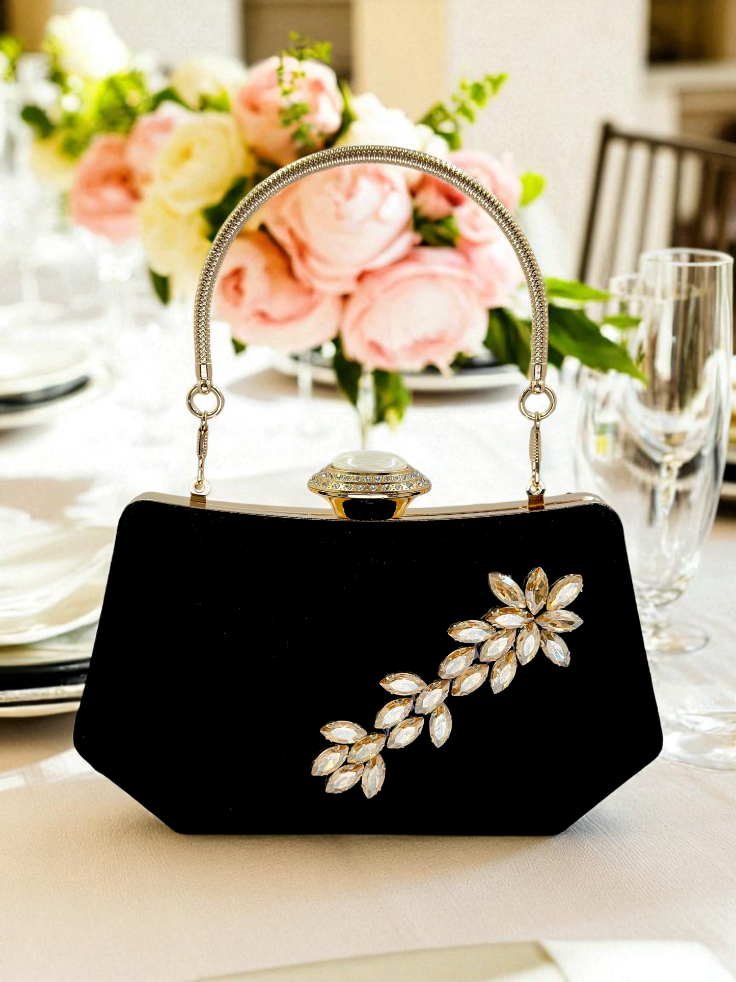 Siyah Kristal Taşlı İnci Detaylı Lüks Abiye Çanta Clutch