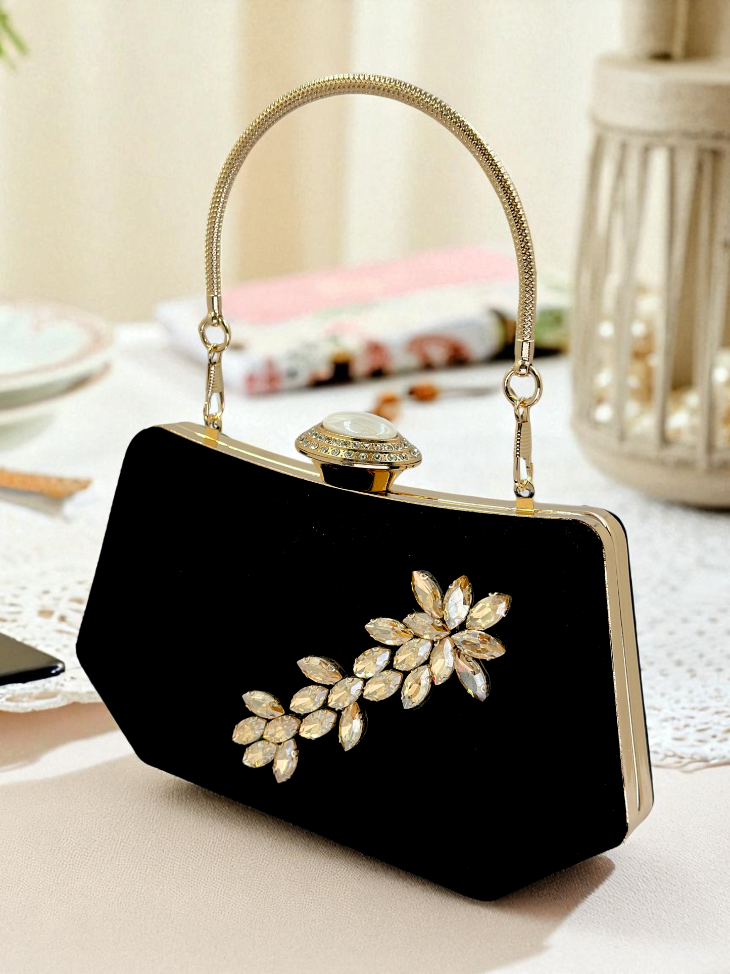 Siyah Kristal Taşlı İnci Detaylı Lüks Abiye Çanta Clutch