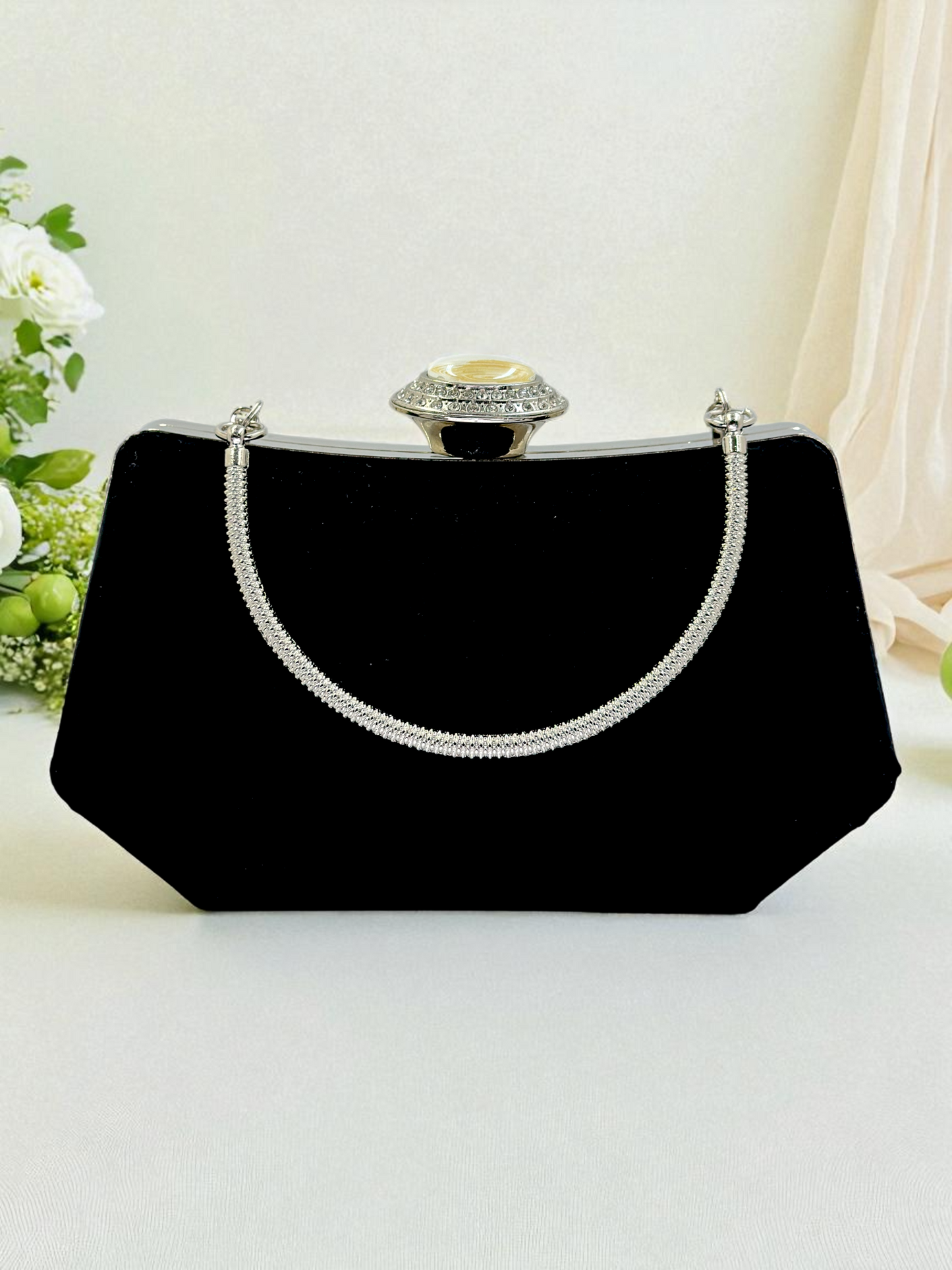 Siyah Kristal Taşlı İnci Detaylı Lüks Abiye Çanta Clutch