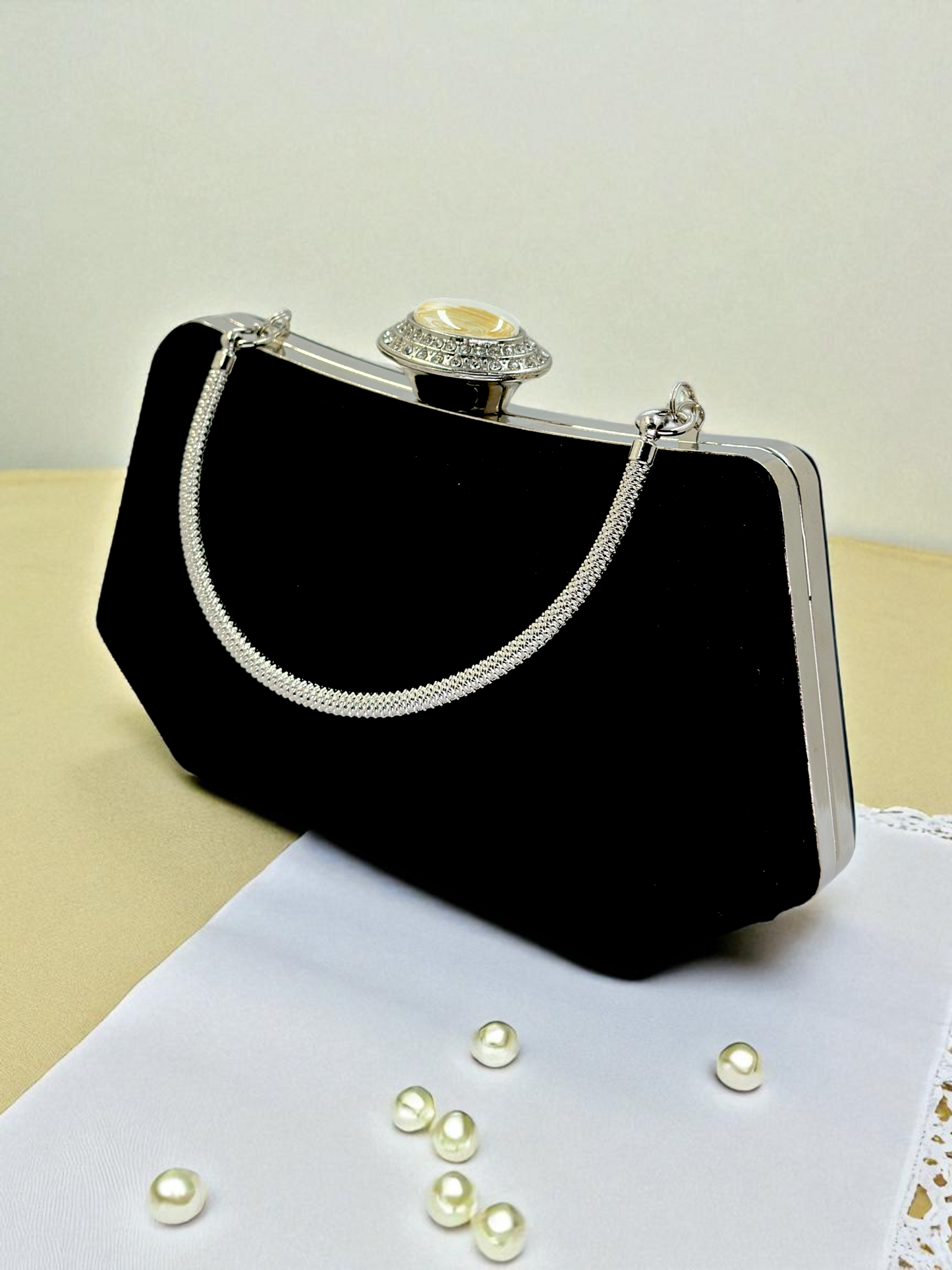 Siyah Kristal Taşlı İnci Detaylı Lüks Abiye Çanta Clutch