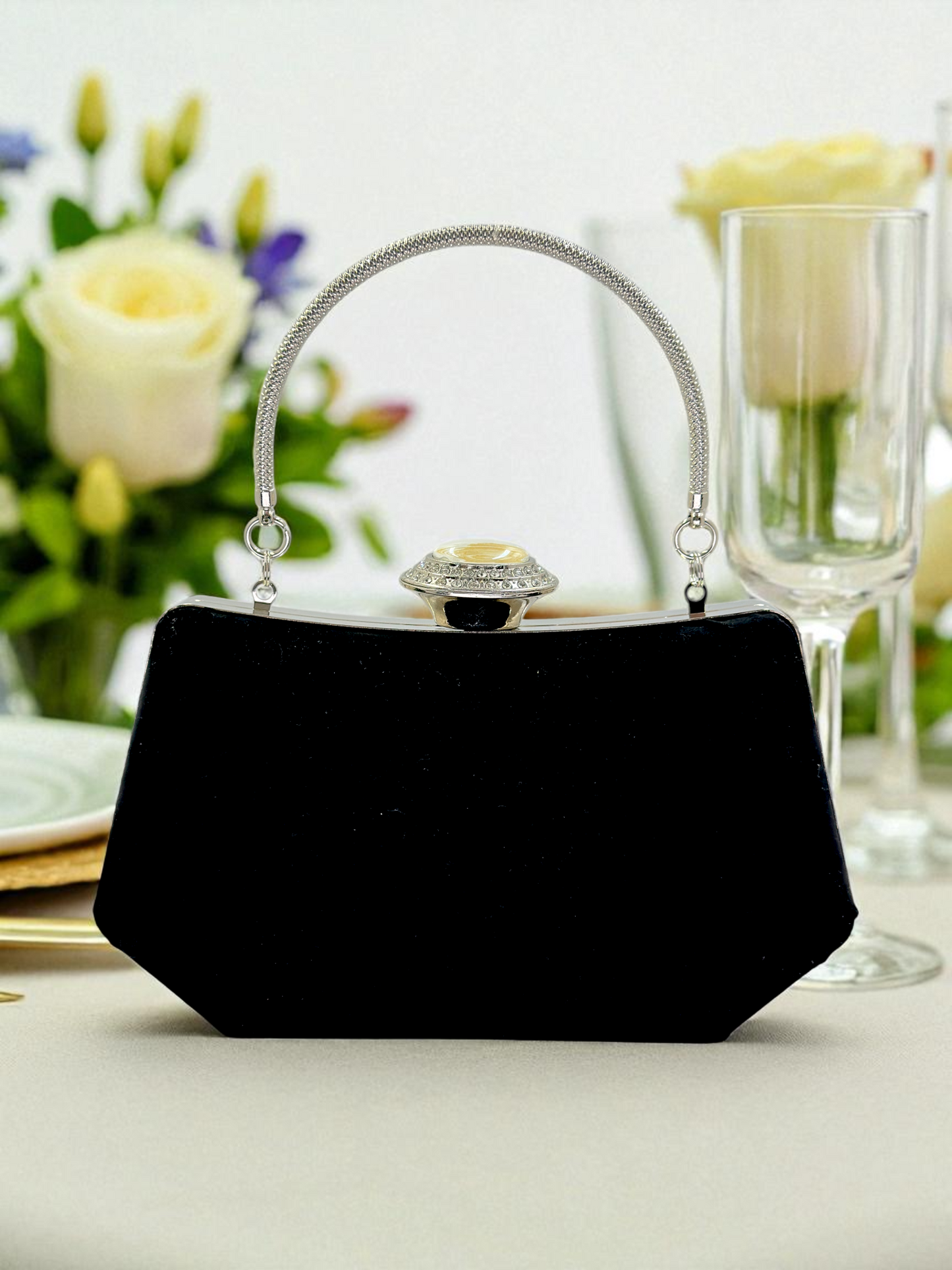 Siyah Kristal Taşlı İnci Detaylı Lüks Abiye Çanta Clutch