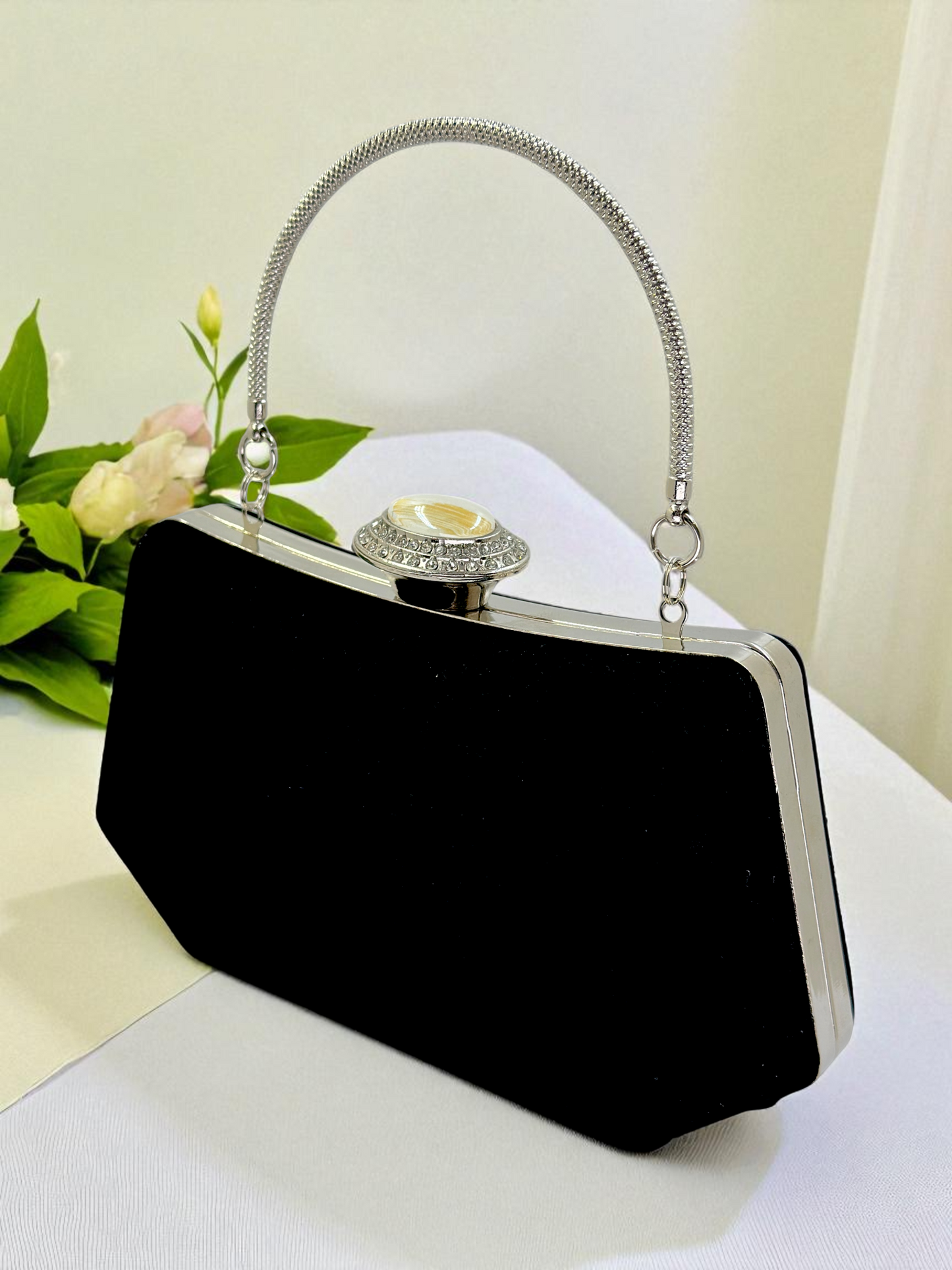 Siyah Kristal Taşlı İnci Detaylı Lüks Abiye Çanta Clutch