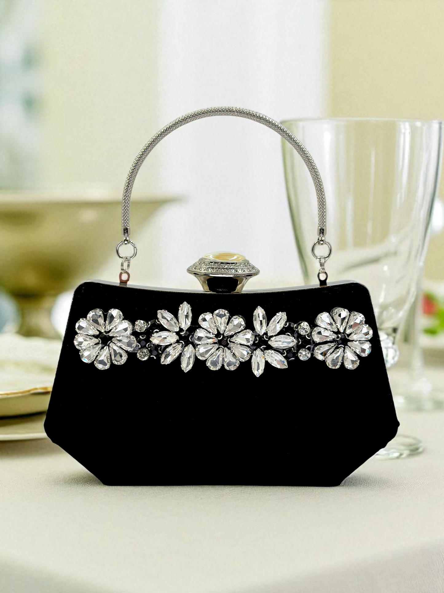 Siyah Kristal Taşlı İnci Detaylı Lüks Abiye Çanta Clutch