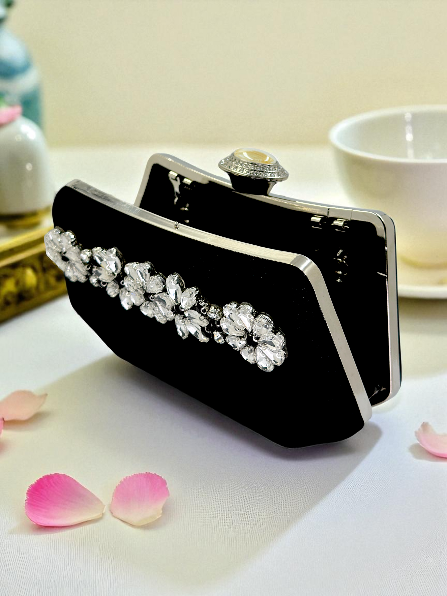 Siyah Kristal Taşlı İnci Detaylı Lüks Abiye Çanta Clutch