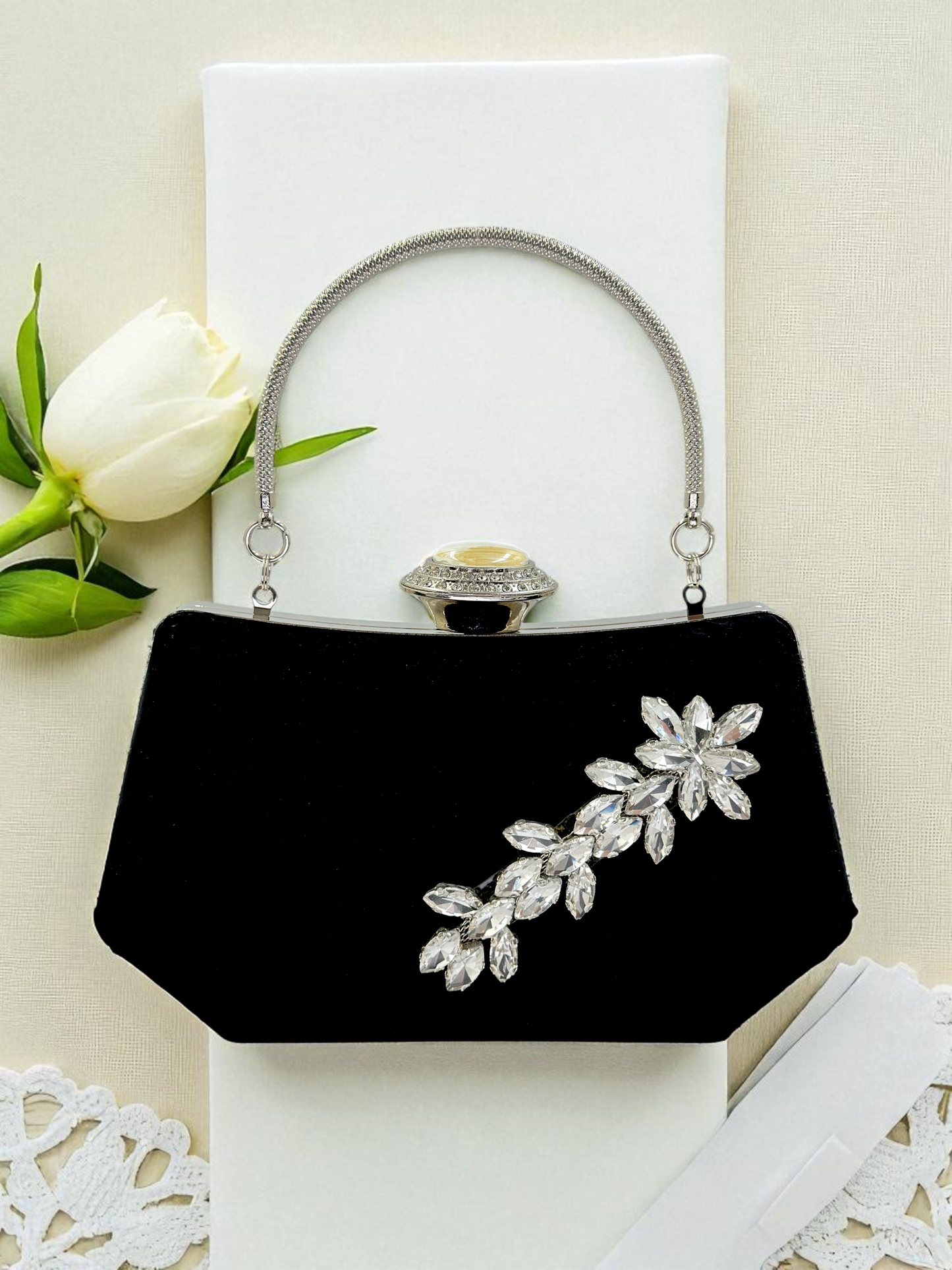 Siyah Kristal Taşlı İnci Detaylı Lüks Abiye Çanta Clutch