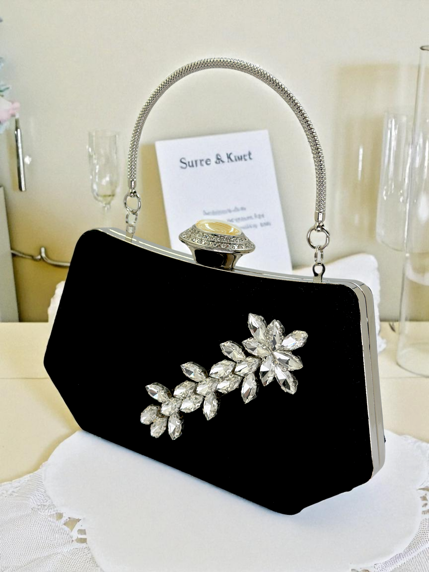 Siyah Kristal Taşlı İnci Detaylı Lüks Abiye Çanta Clutch