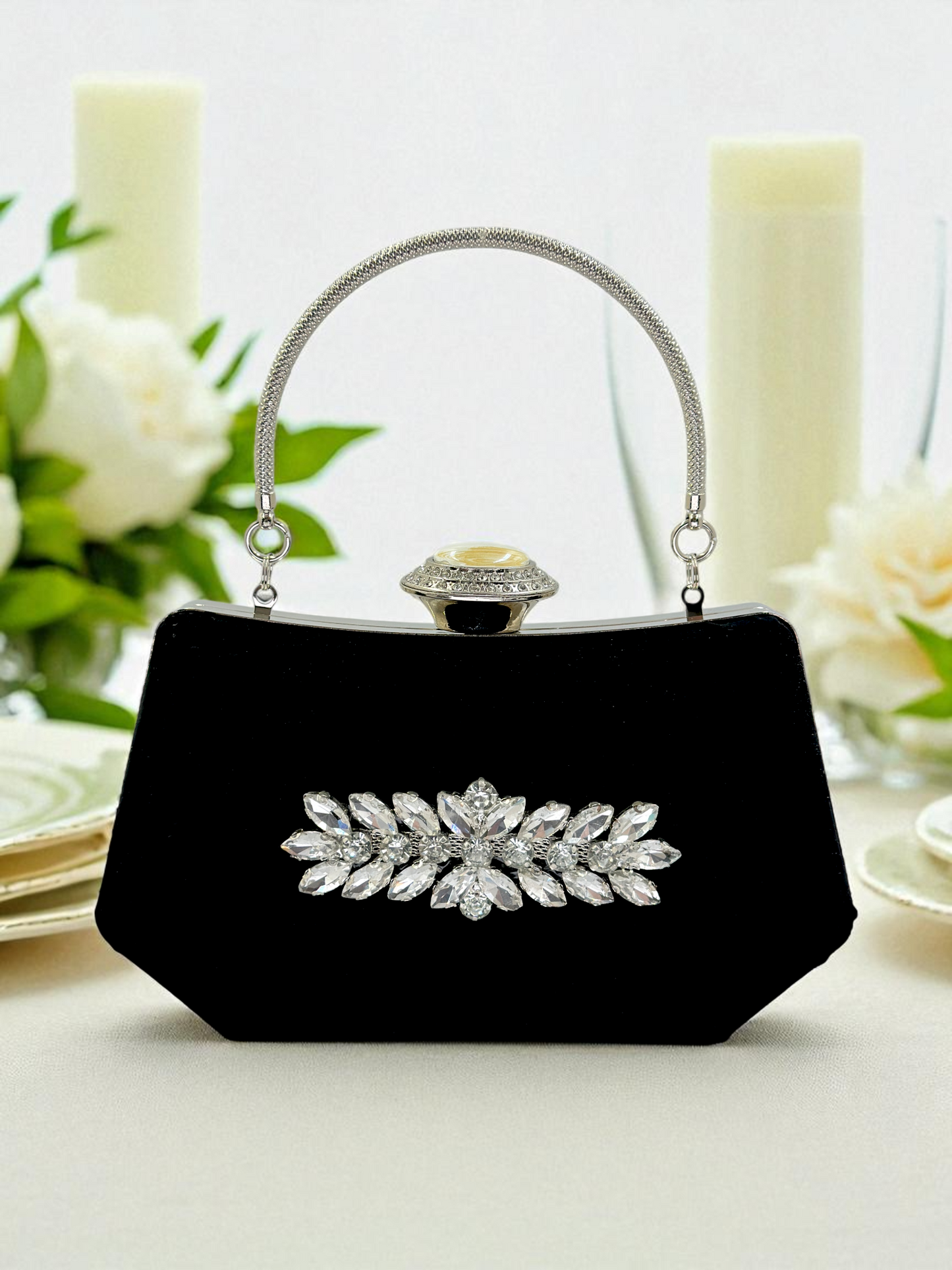 Siyah Kristal Taşlı İnci Detaylı Lüks Abiye Çanta Clutch