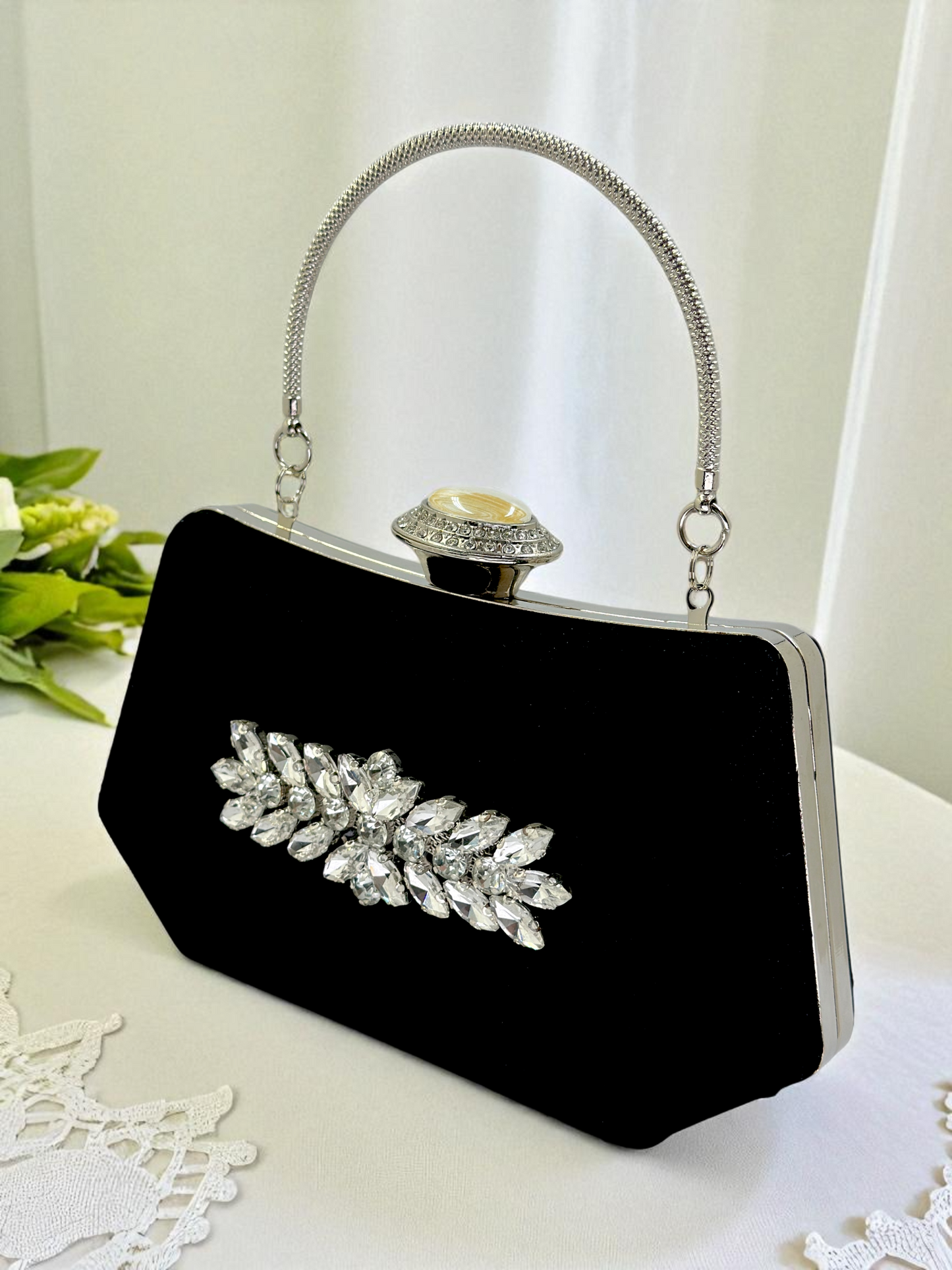 Siyah Kristal Taşlı İnci Detaylı Lüks Abiye Çanta Clutch