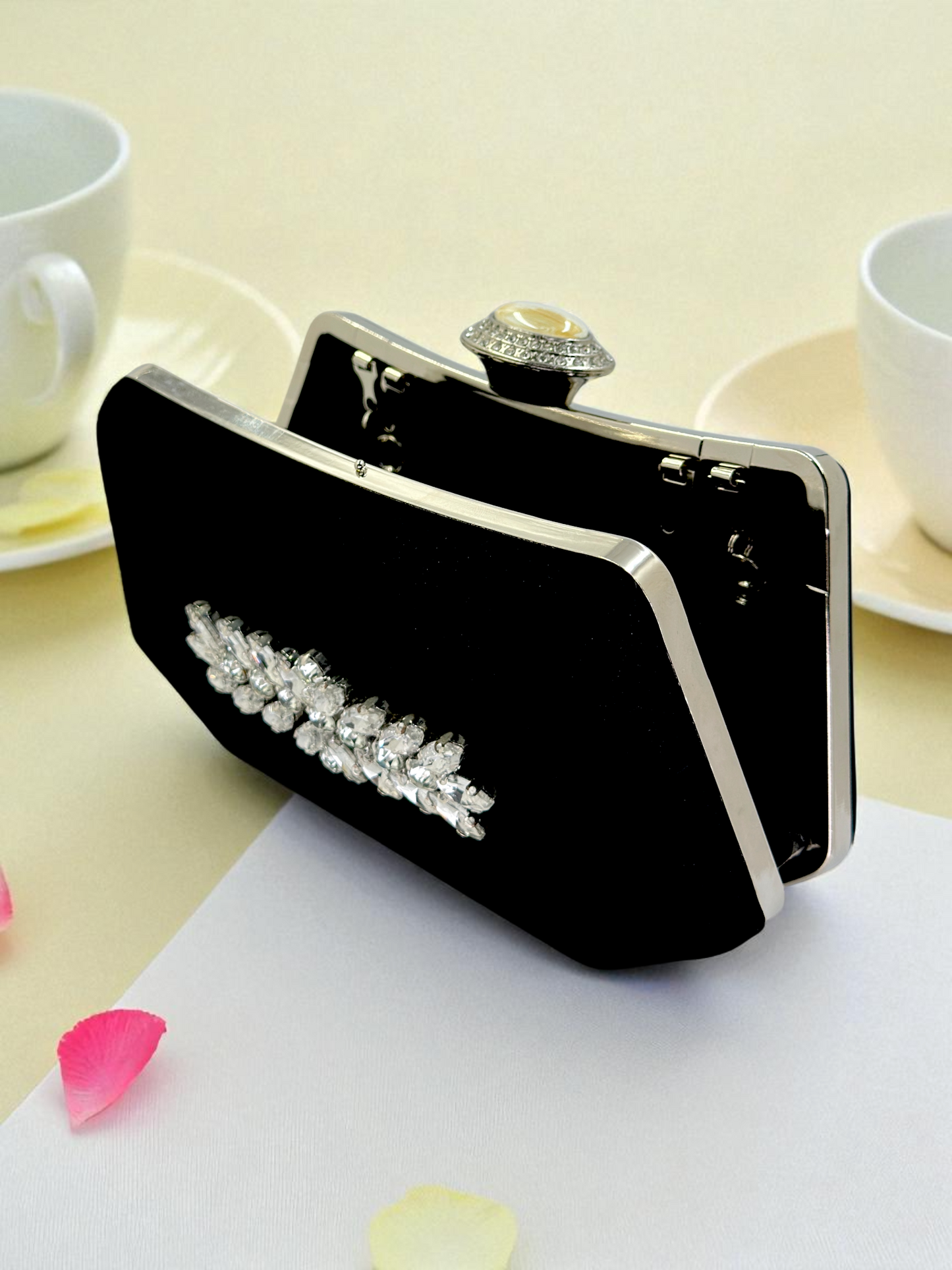 Siyah Kristal Taşlı İnci Detaylı Lüks Abiye Çanta Clutch