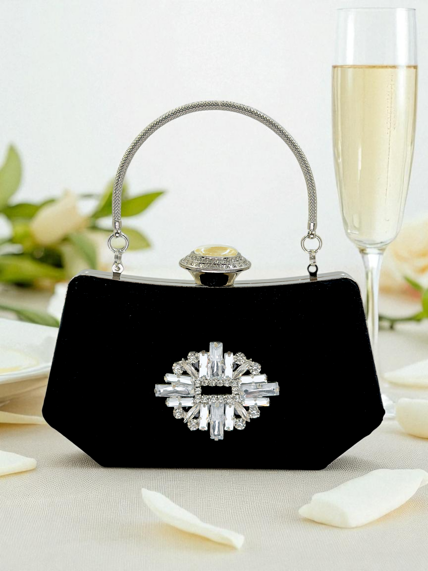 Siyah Kristal Taşlı İnci Detaylı Lüks Abiye Çanta Clutch