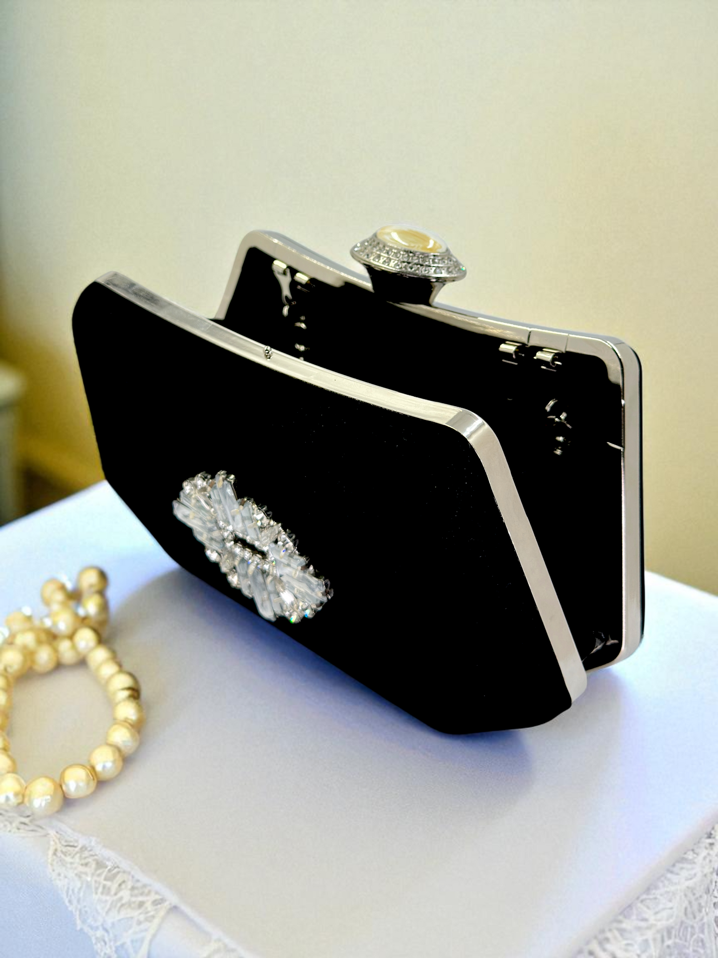Siyah Kristal Taşlı İnci Detaylı Lüks Abiye Çanta Clutch