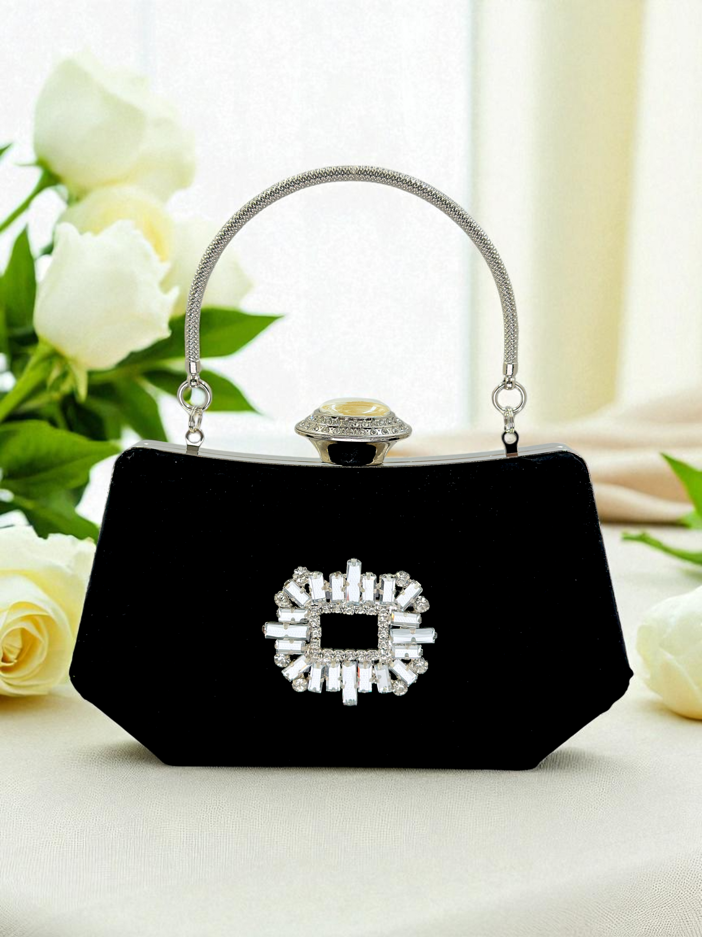 Siyah Kristal Taşlı İnci Detaylı Lüks Abiye Çanta Clutch