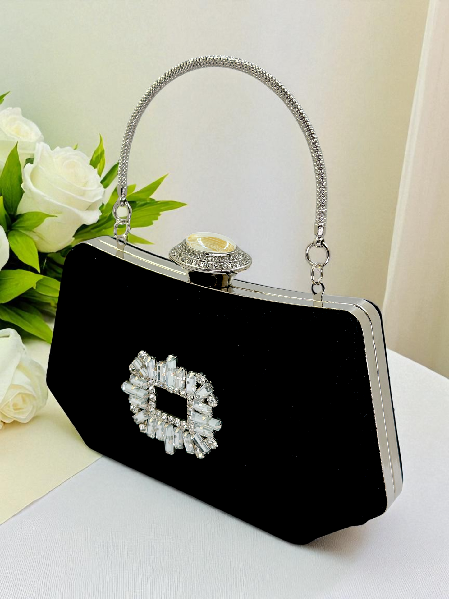 Siyah Kristal Taşlı İnci Detaylı Lüks Abiye Çanta Clutch