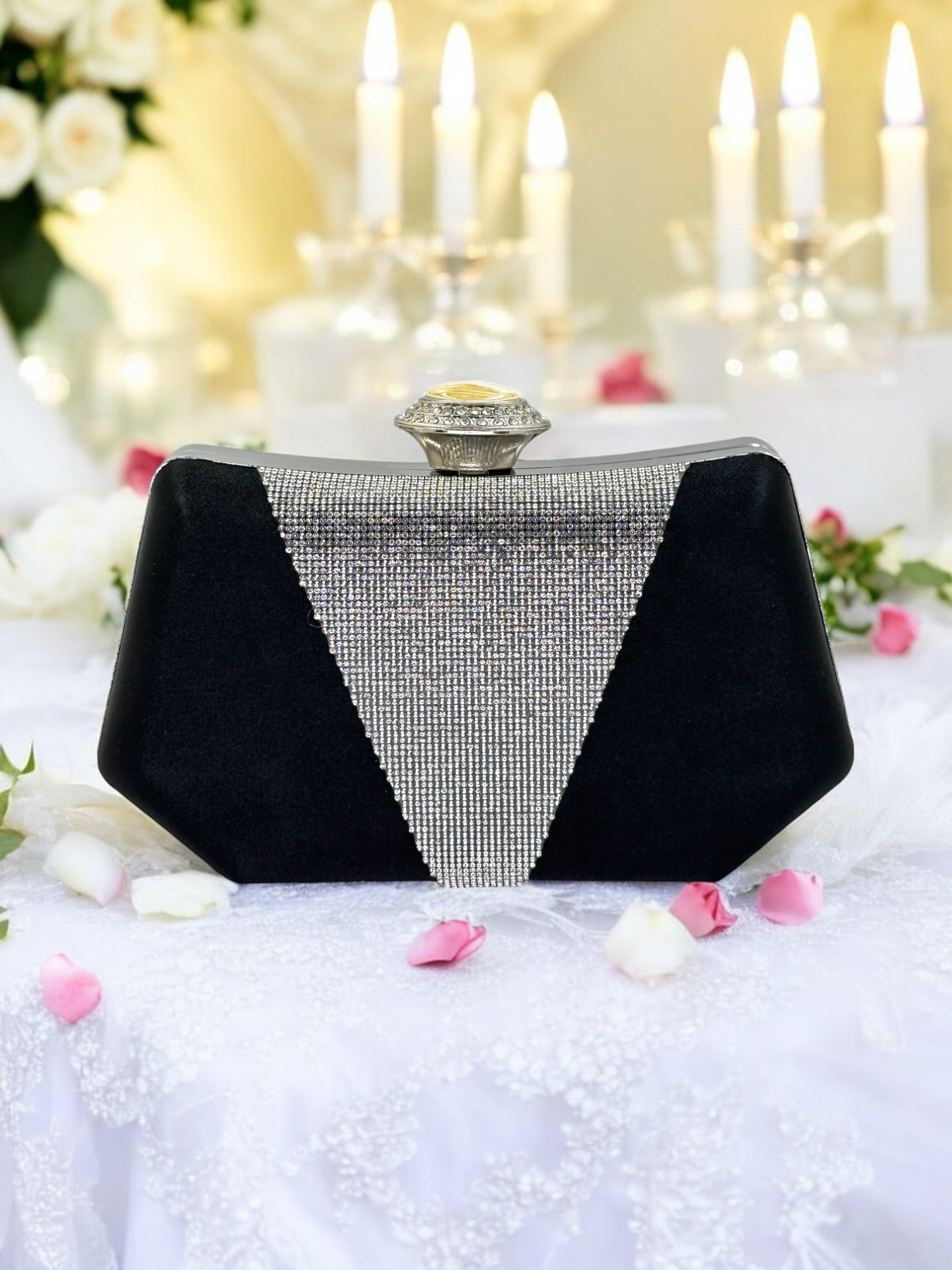 Lüks Saten Abiye Çanta | İnci Detaylı Kristal Gece Clutch