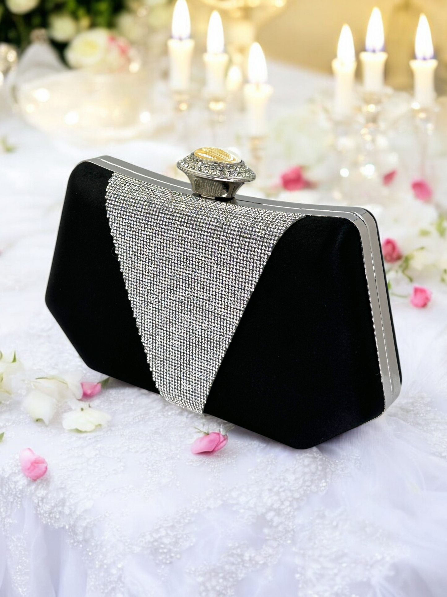 Lüks Saten Abiye Çanta | İnci Detaylı Kristal Gece Clutch