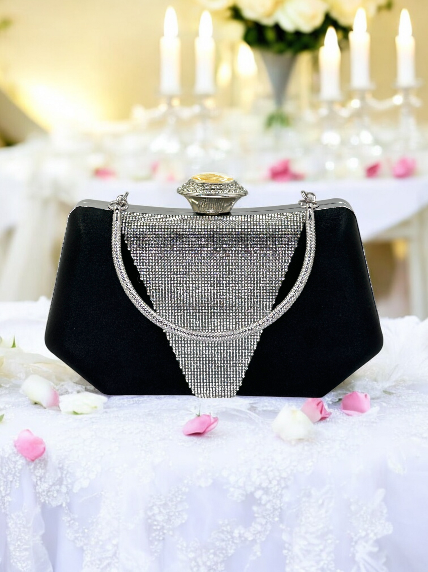 Lüks Saten Abiye Çanta | İnci Detaylı Kristal Gece Clutch