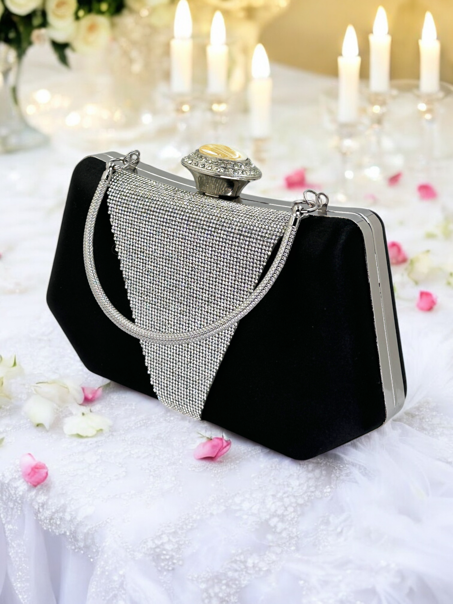 Lüks Saten Abiye Çanta | İnci Detaylı Kristal Gece Clutch