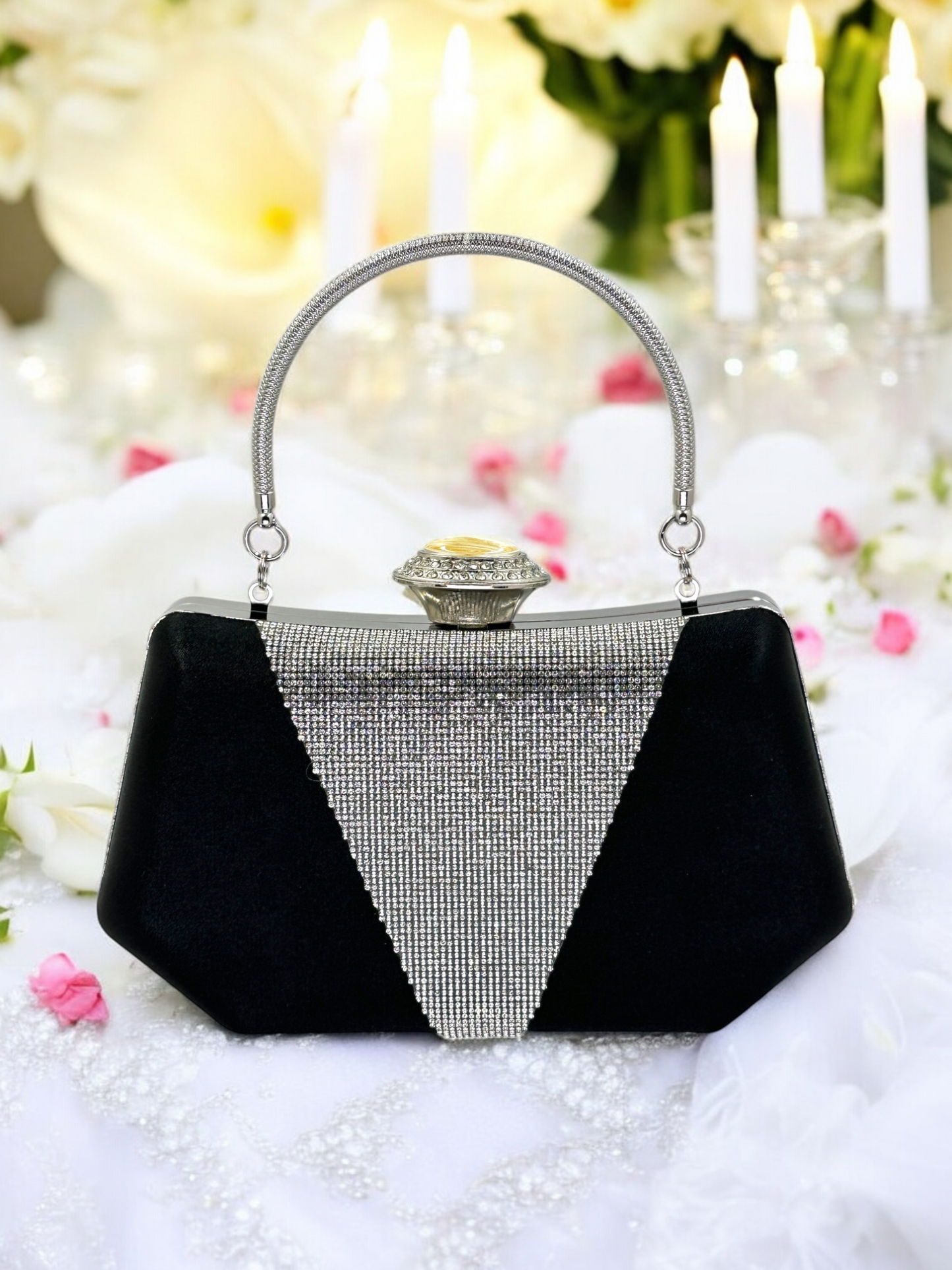 Lüks Saten Abiye Çanta | İnci Detaylı Kristal Gece Clutch