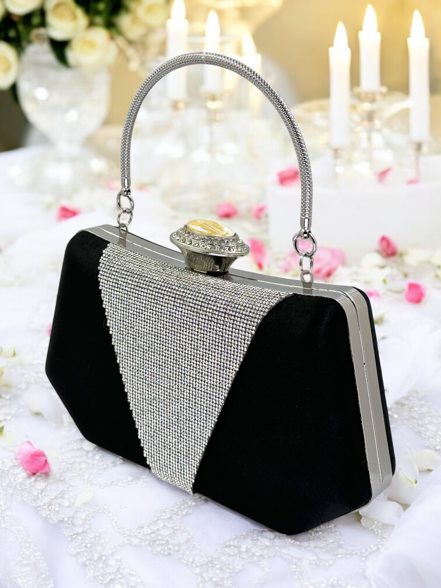Lüks Saten Abiye Çanta | İnci Detaylı Kristal Gece Clutch