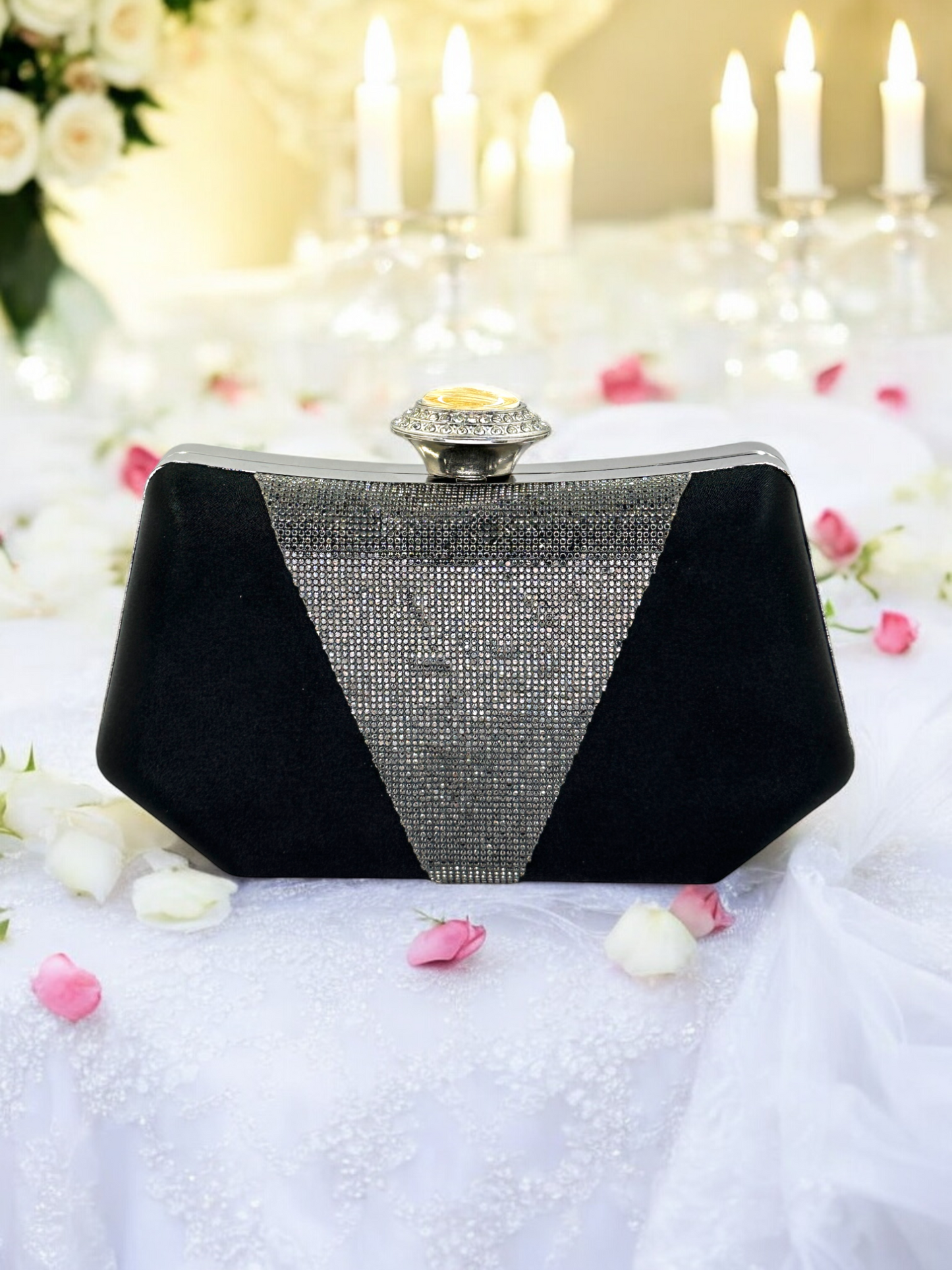 Lüks Saten Abiye Çanta | İnci Detaylı Kristal Gece Clutch