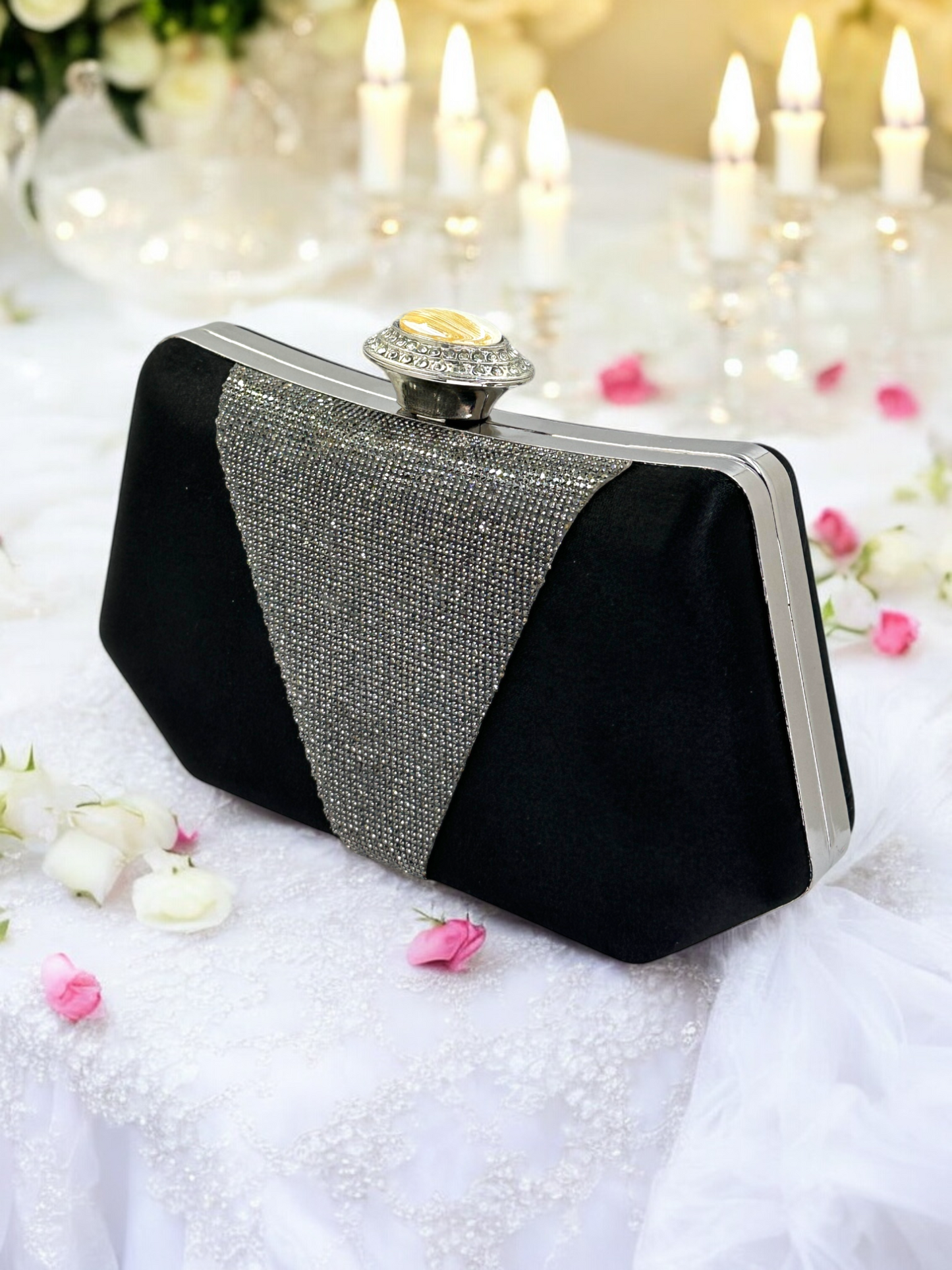 Lüks Saten Abiye Çanta | İnci Detaylı Kristal Gece Clutch