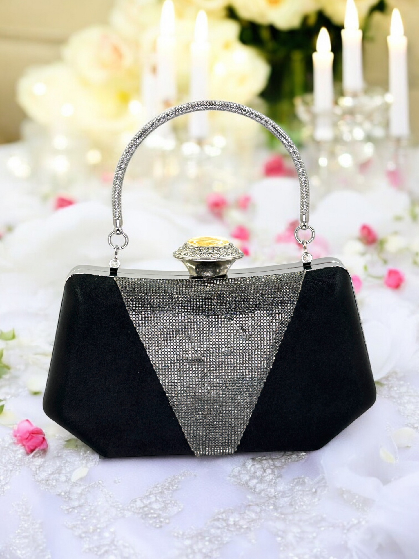 Lüks Saten Abiye Çanta | İnci Detaylı Kristal Gece Clutch