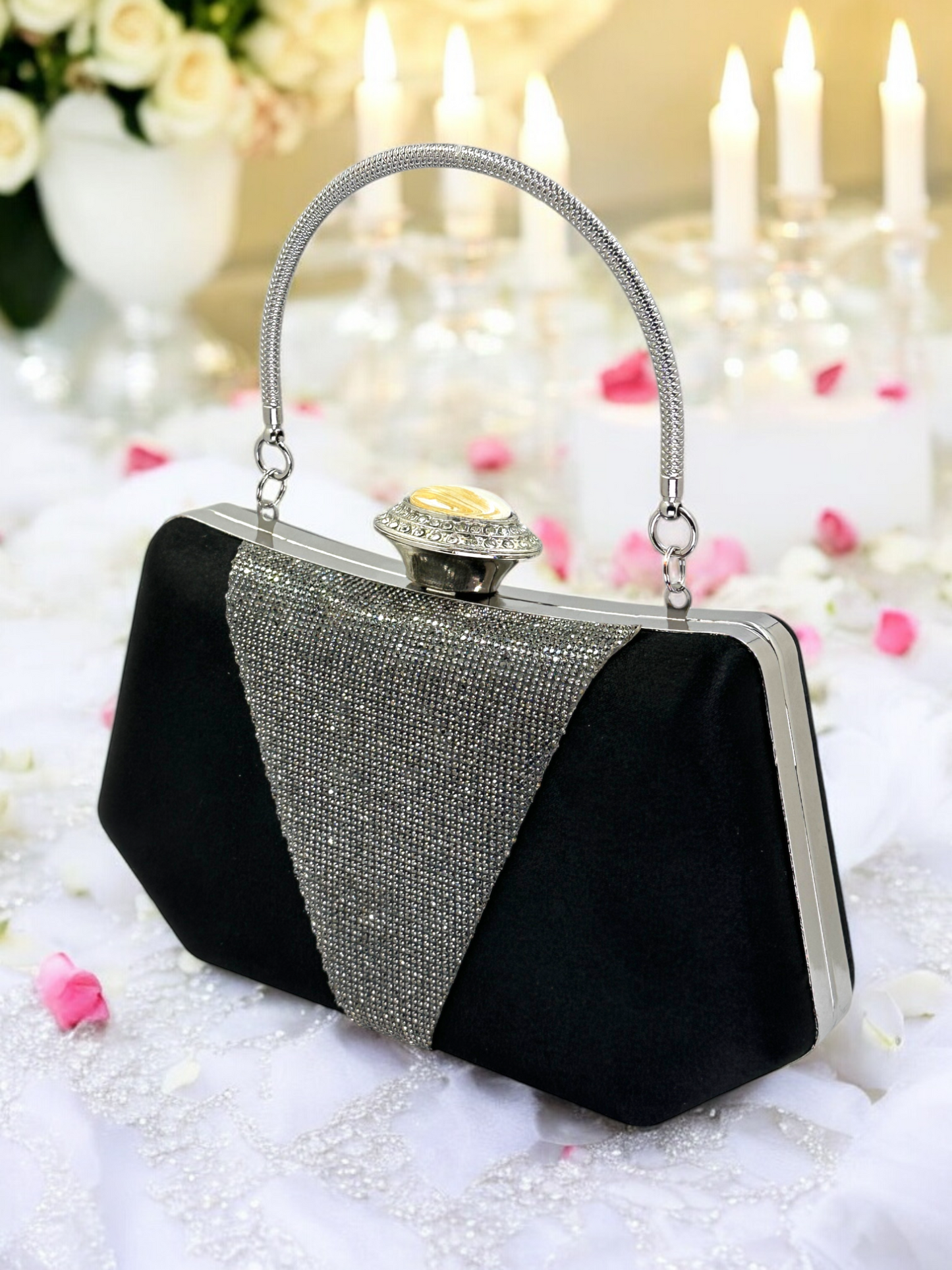 Lüks Saten Abiye Çanta | İnci Detaylı Kristal Gece Clutch